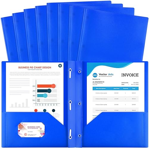 ROOKEA 8 Pack Plastic Folders With 2 Pockets, Colorful Letter Size File Folders With Prongs and Business Card Slots for School Office