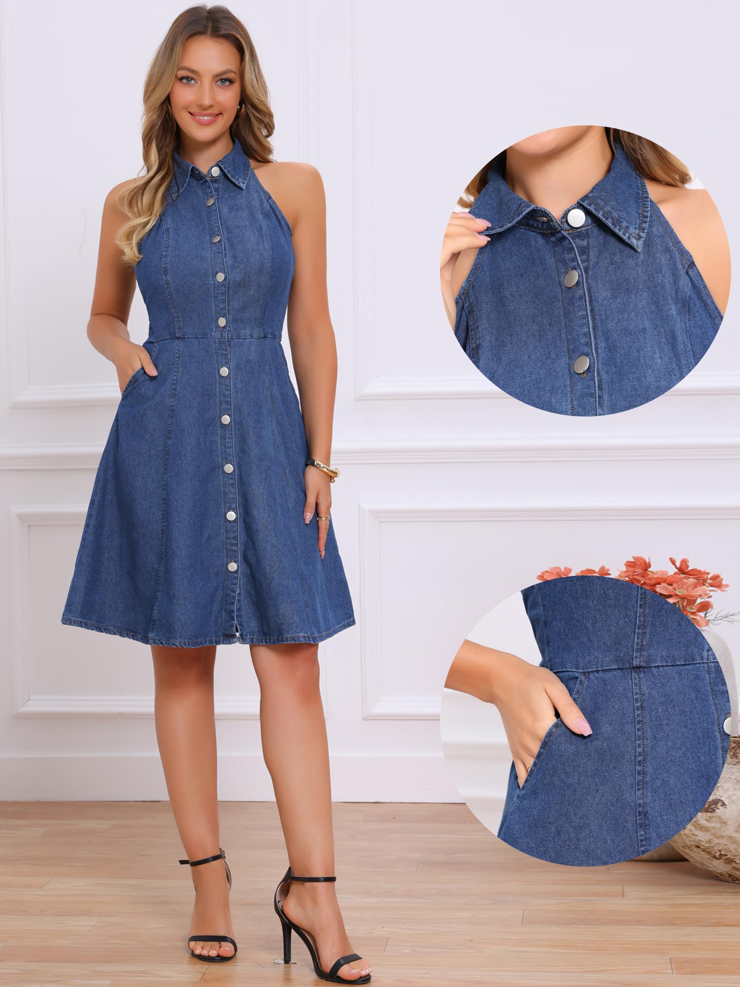 Allegra K Donna Abiti in Denim Jeans Leggeri, Abiti con Scollo all'Americana e Bottoni