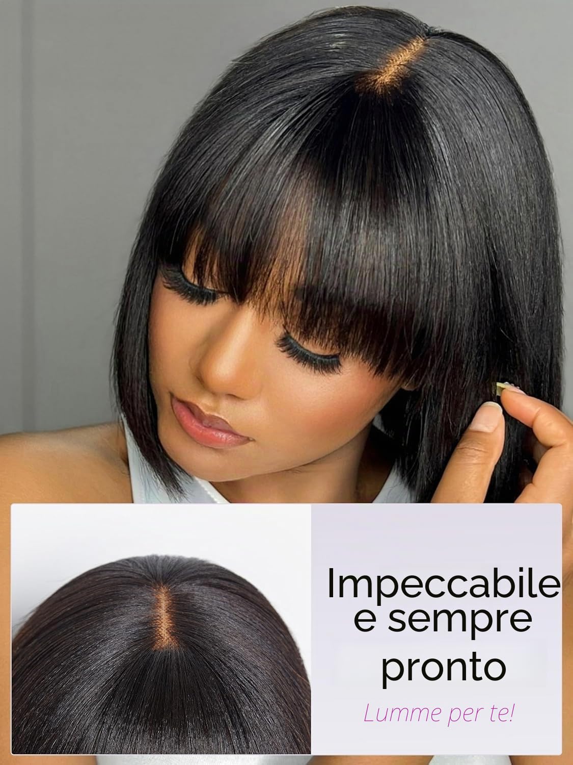 PORSMEER - Parrucca corta a caschetto in capelli umani neri con frangia per donne, realistica, corta e liscia, pronta all'uso, senza colla, capelli veri al 100%, capelli vergini brasiliani remy, per