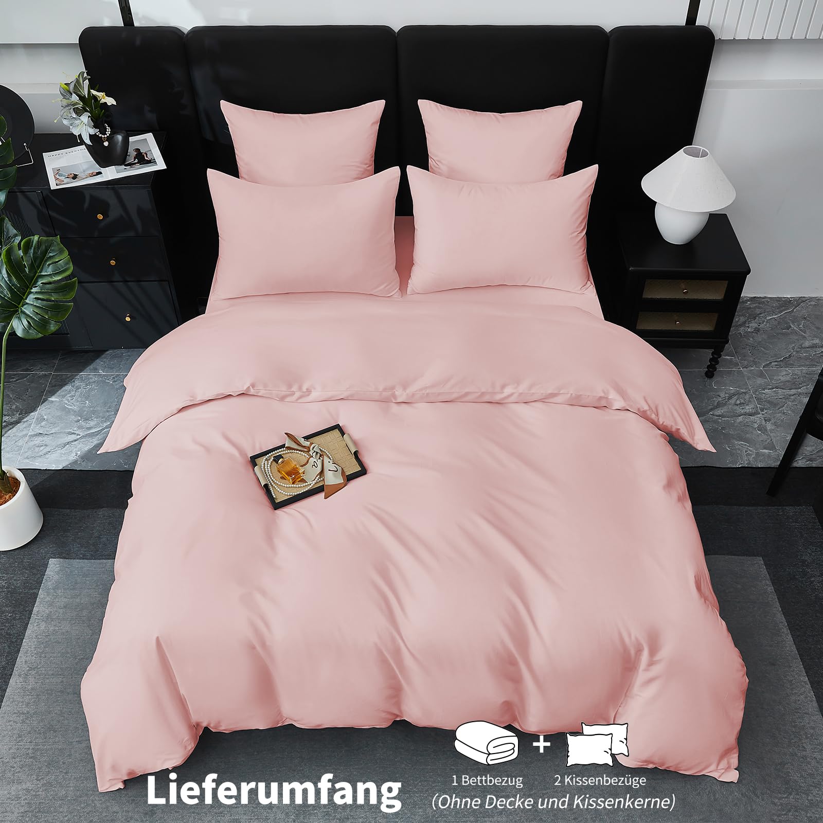 Ropa de cama de satén, 220 x 240 cm, color rosa, 100 % algodón de fibras largas, refrescante, satén Mako, ropa de cama suave y transpirable, de seda, juego de 3 piezas con cremallera y 2