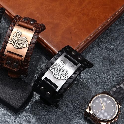 Miniatura 2 de TURTLEDOVE Pulsera vikinga con lobo Fenrir - Talismán nórdico escandinavo vintage - Pulsera gótica para pagano celta