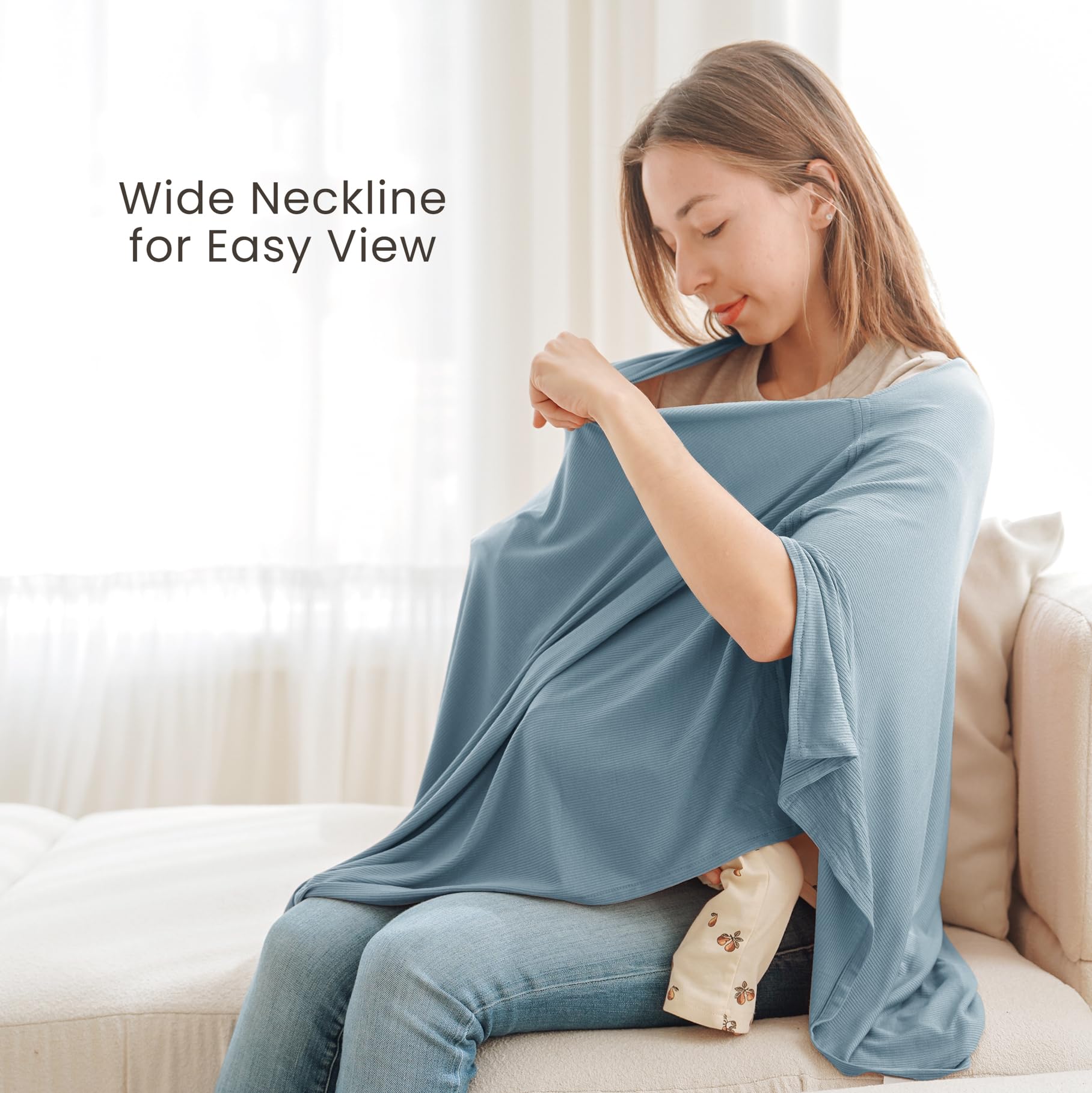 Konssy Knit Nursing Cover for Breastfeeding, 360° Full Privacy Breathable Breastfeeding Cover, Multi-use Carseat Canopy(Blue)