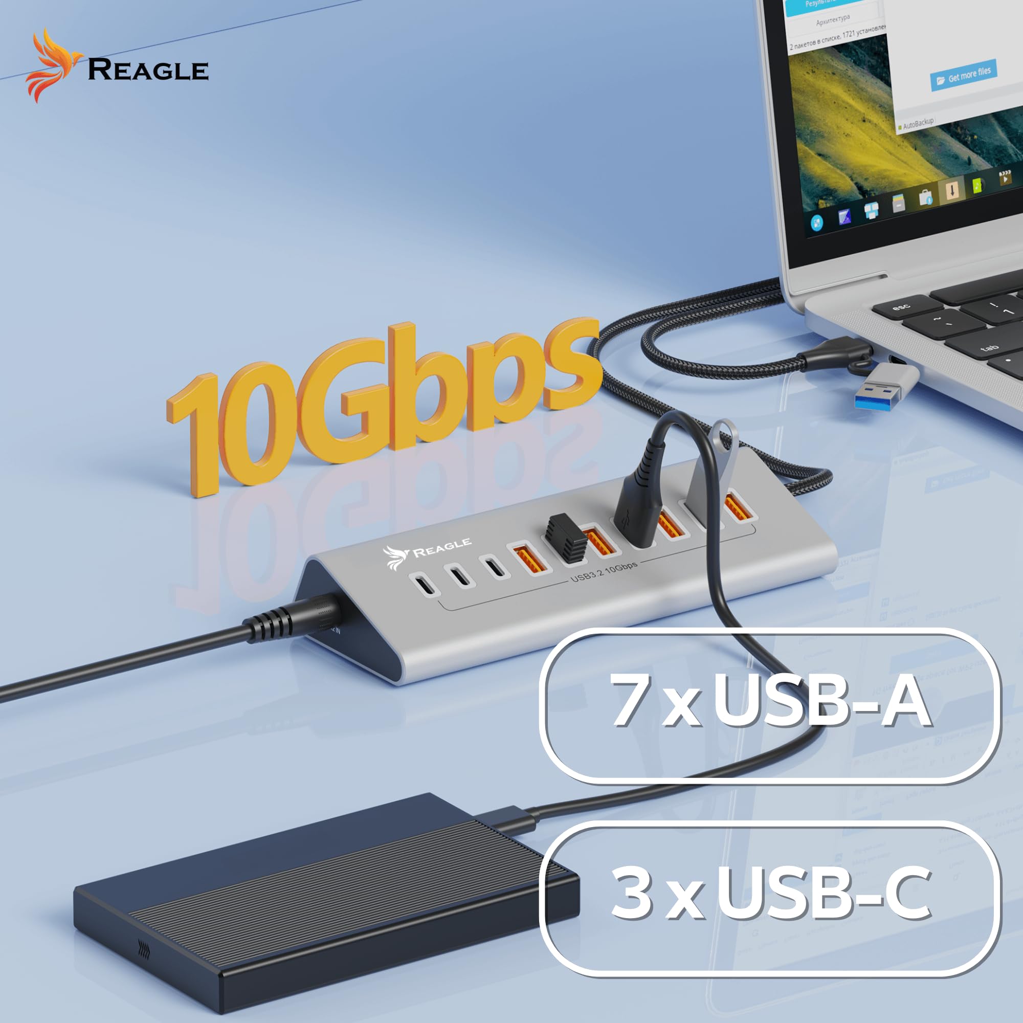REAGLE 10-portowy koncentrator USB 3.2 z kablem 100 cm do komputera stacjonarnego, 10 w 1, 7 portów USB-A i 3 x USB-C, 36 W, Plug and Play, aluminiowy dystrybutor USB 10 Gb/s, do komputera, laptopa