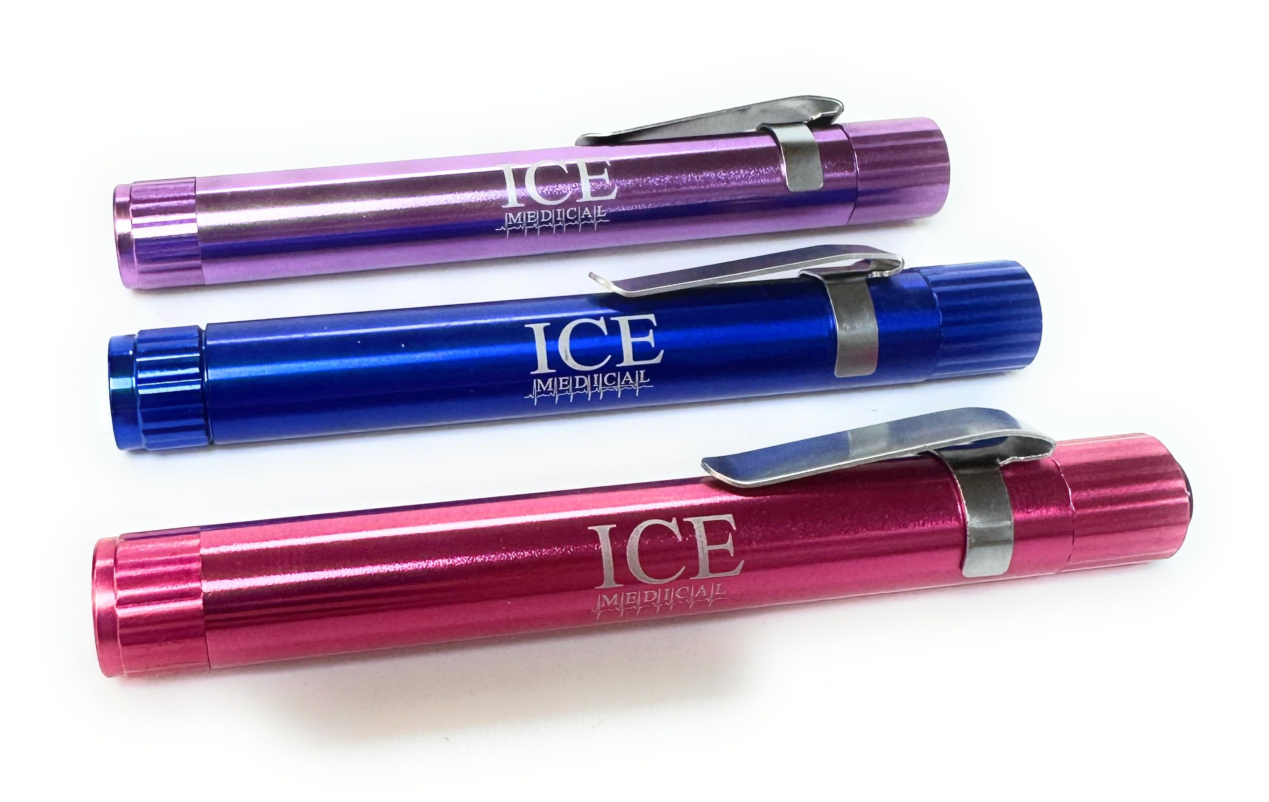 Ice Medical Purple, Blue & Pink Led Nurses Penlight/Pentorch Pocket Torch Light Reusable With Pocket Clip For Pupil Exam Doctor Paramedic (, 3 X Penlights No Case)