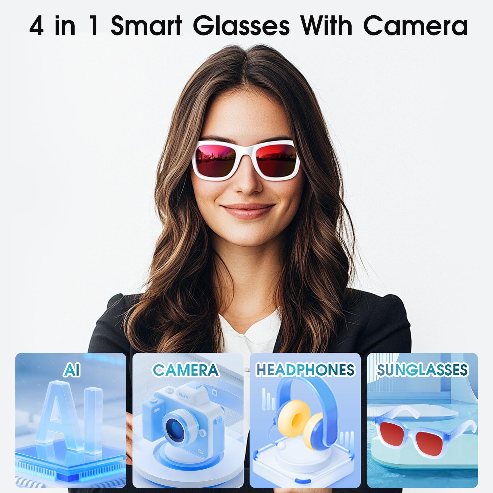 AI Smart Glasses 4K Cámara HD 290mAh 800W Gafas de Cámara con Grabación de Vídeo, Traducción Simultánea/Identificación de Objetos GPT, UV400 Lentes de Protección de Luz Azul (Blanco)