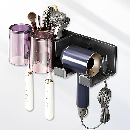 Soporte para secador de pelo, adhesivo para montaje en pared, organizador de almacenamiento para secador de pelo con 2 soportes para cepillos de