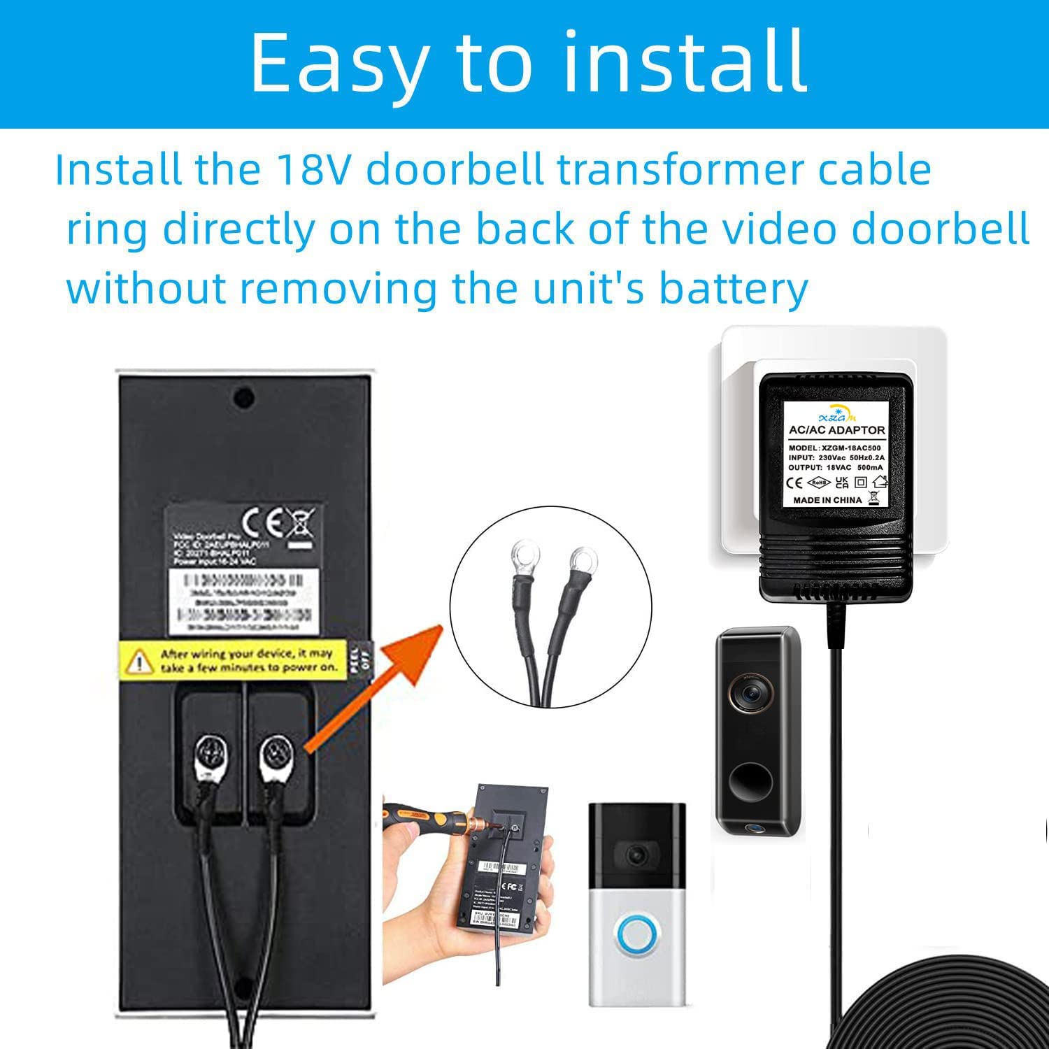 Transformateur de sonnette vidéo 18 V 500 mA pour sonnette vidéo Ring Nest Eufy Arlo Wyze Câble d'extension 8 m Noir