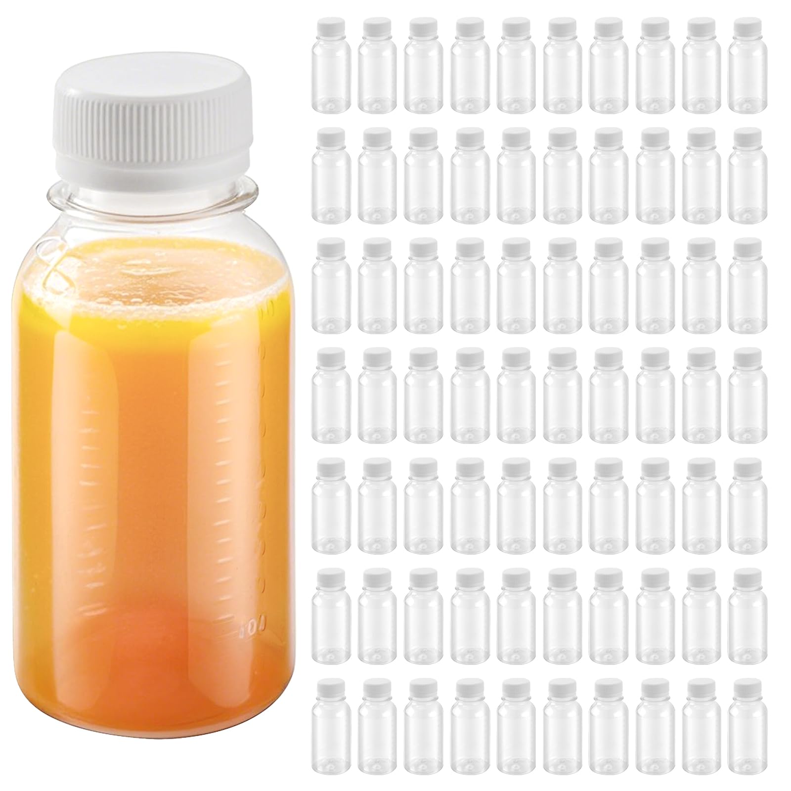 MAKTSAM 70 Pack 100ml Clear Plastic Travel Bottles Bulk, 3.5oz Refillable Containers PET Plastic Juice Bottles with Lids for Shampoo, Lotions, Cream