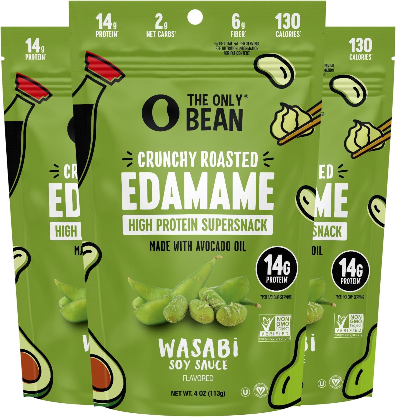 The Only Bean Edamame Dry Roasted Edamame Beans Snack (Wasabi Soy Sauce), Wasabi Peas Alternative, Asian Japanese Snacks, Healthy High Protein Snacks, Low Carb, Gluten Free, 4oz (Pack of 3)