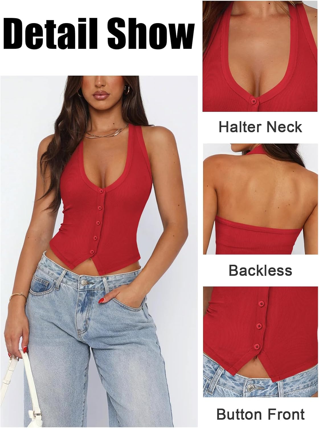 Womens Button Down Tank Top for Women Ribbed Button Up Halter Fitted Vest Summer Sexy Trendy Cute Crop Going Out Tops - Image 4