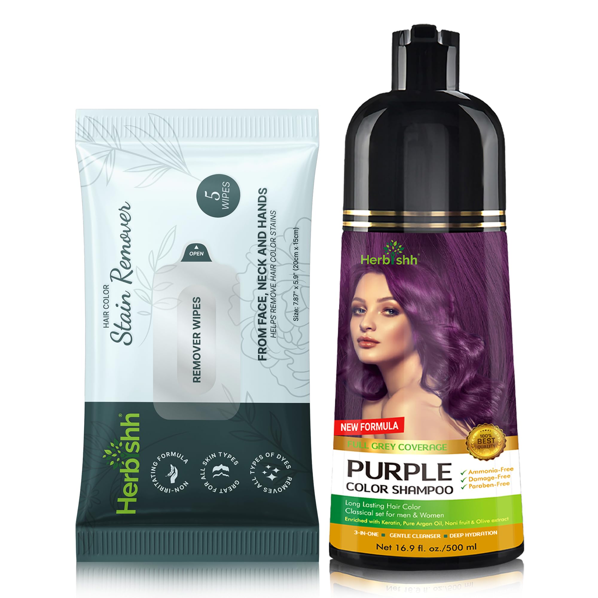 Herbishh Hair Color Shampoo for Gray Hair Purple 500 ML + Hair Color Stain Remover Wipes - Travel Pack With 5 Wipes
