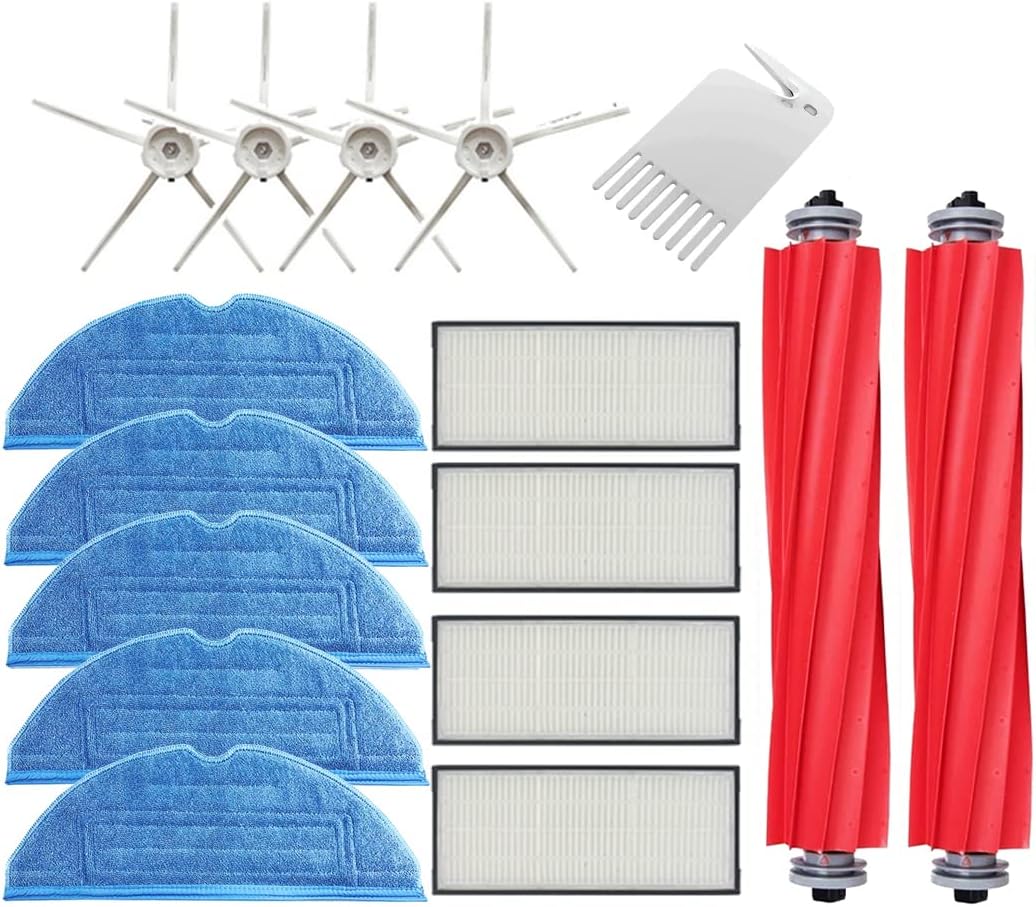 Accessories Compatible with Xiaomi Roborock S7 T7S T7 Plus Vacuum Cleaner Spare Parts, 2 Main Brush, 4 Side Brush, 4 X Filter, 5 Wipe, 1 Cleaning Brush