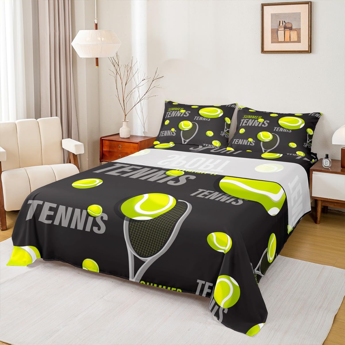 Tennis Themed Queen Bed Sheet Set - Watercolor Racket & Ball Design, Microfiber 4-Piece Bedding With Deep Pockets