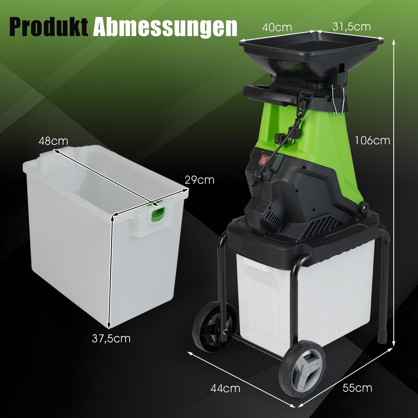 COSTWAY Rozdrabniacz ogrodowy 3000 W, elektryczna rozdrabniarka rolkowa z kółkami, pojemnik na odpady 50 l, grubość cięcia 45 mm, przewodowa, rozdrabniarka do noży i czyszczenia ogrodu, zielona