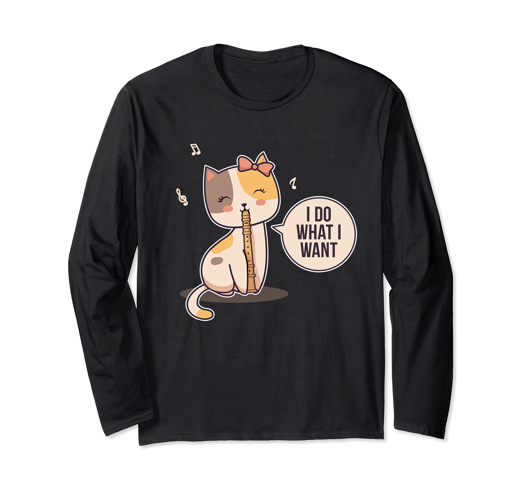 Cute Cat Flute Player Girl Flutist Long Sleeve T-Shirt, Black