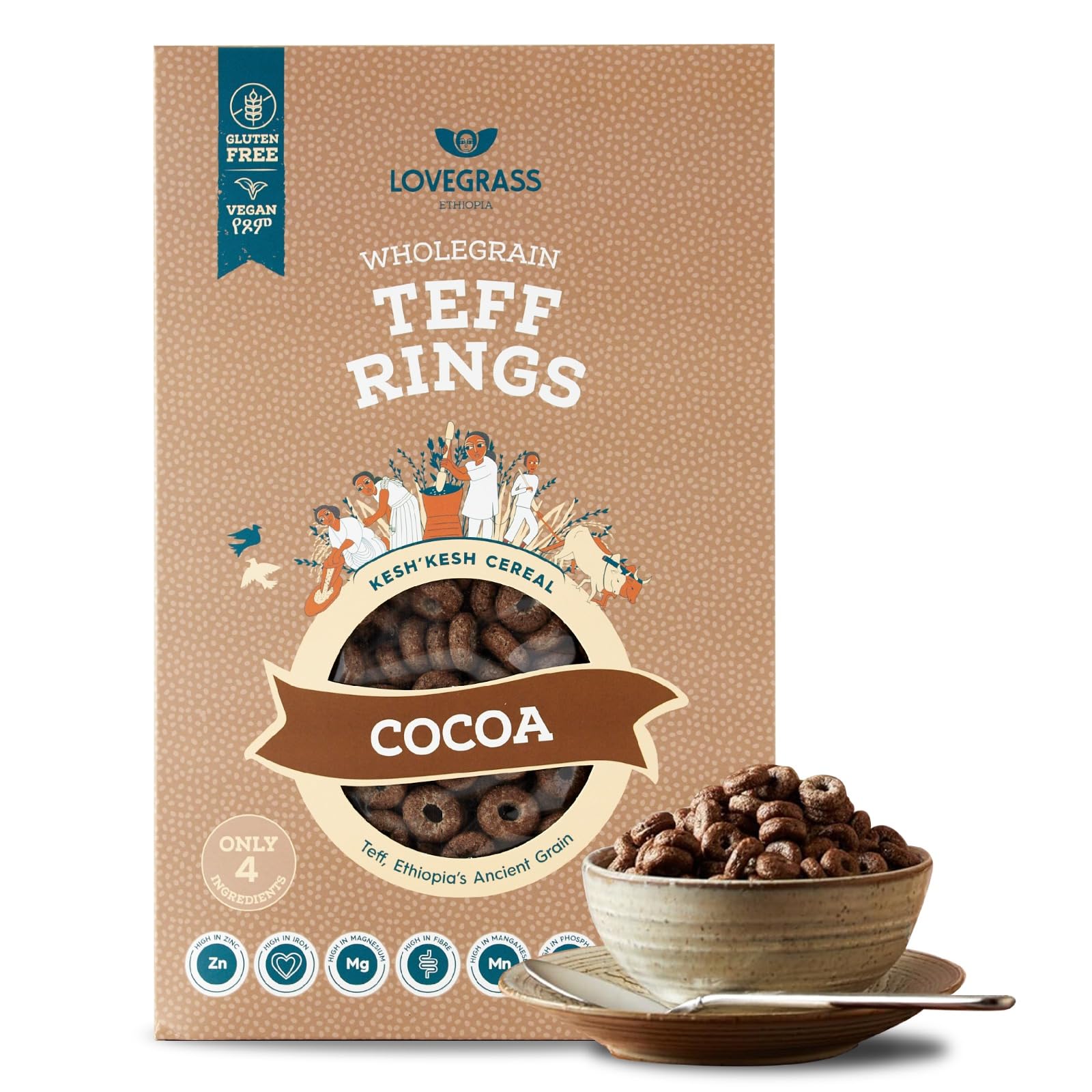 Lovegrass Ethiopia Cocoa Teff Rings | Award Winning Healthy, Whole Grain Breakfast Cereal 350g | Gluten Free | Vegan, High Protein, Fibre, Vitamins & Minerals | No Artificial Sugar