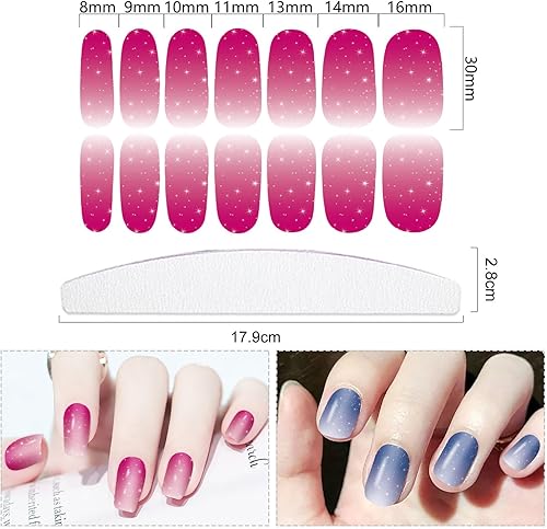 Vista 3 de 20 hojas de 280 tiras de esmalte de uñas degradadas para mujeres, calcomanías completas de esmalte de uñas con purpurina, tiras adhesivas con lima