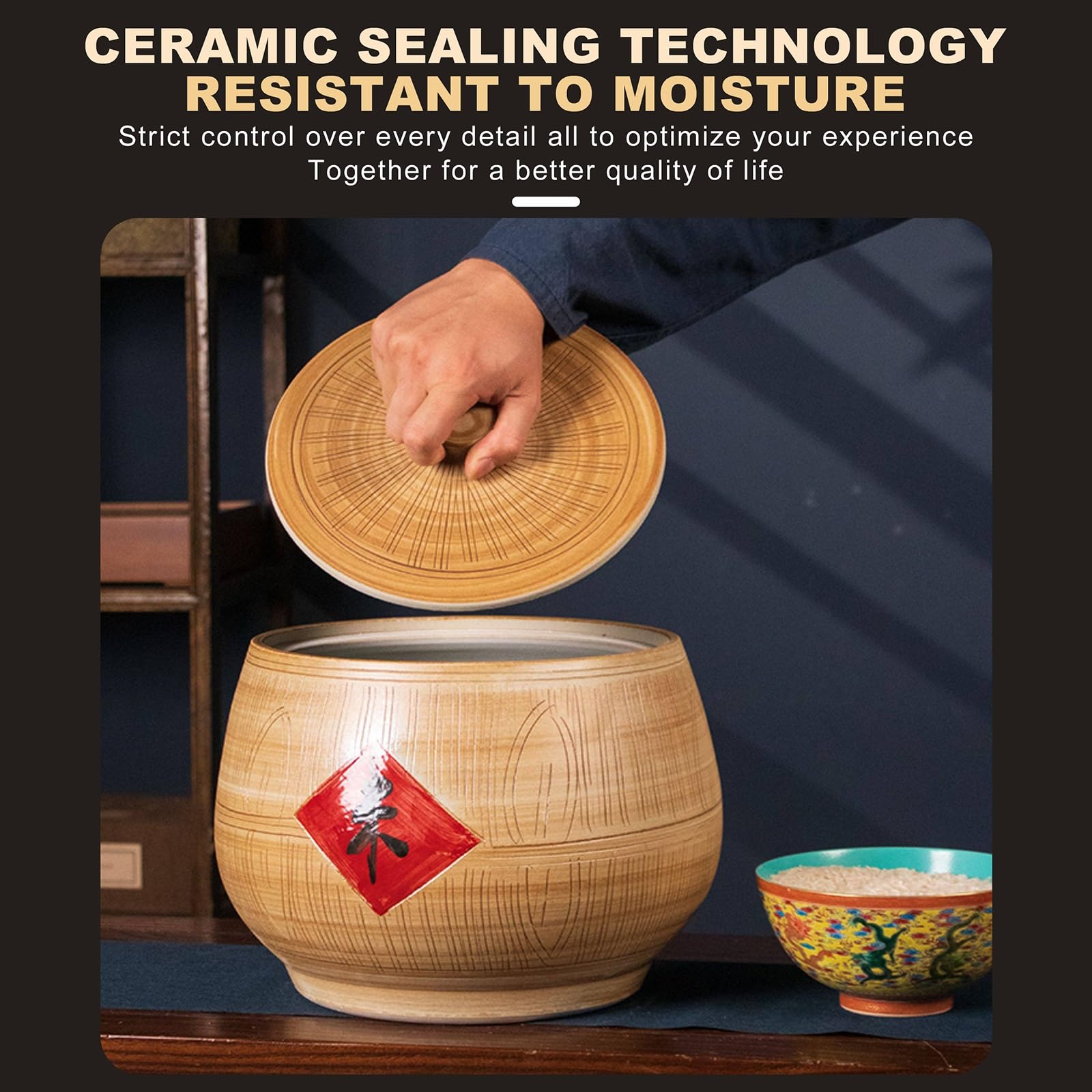 Ceramiczny pojemnik do przechowywania ryżu, szczelny słoik kuchenny na ryż, mąkę, płatki, cukier, kawę, karmę dla zwierząt domowych, z pokrywką