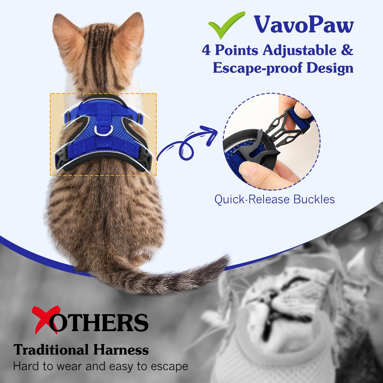 VavoPaw Pettorina per Cani con Guinzaglio da 1,5M, Imbracatura per Gatti Antifuga con Rete Traspirante e Strisce Riflettenti, Gilet Morbido e Regolabile per Cani Gatti, XS, Blu Royal