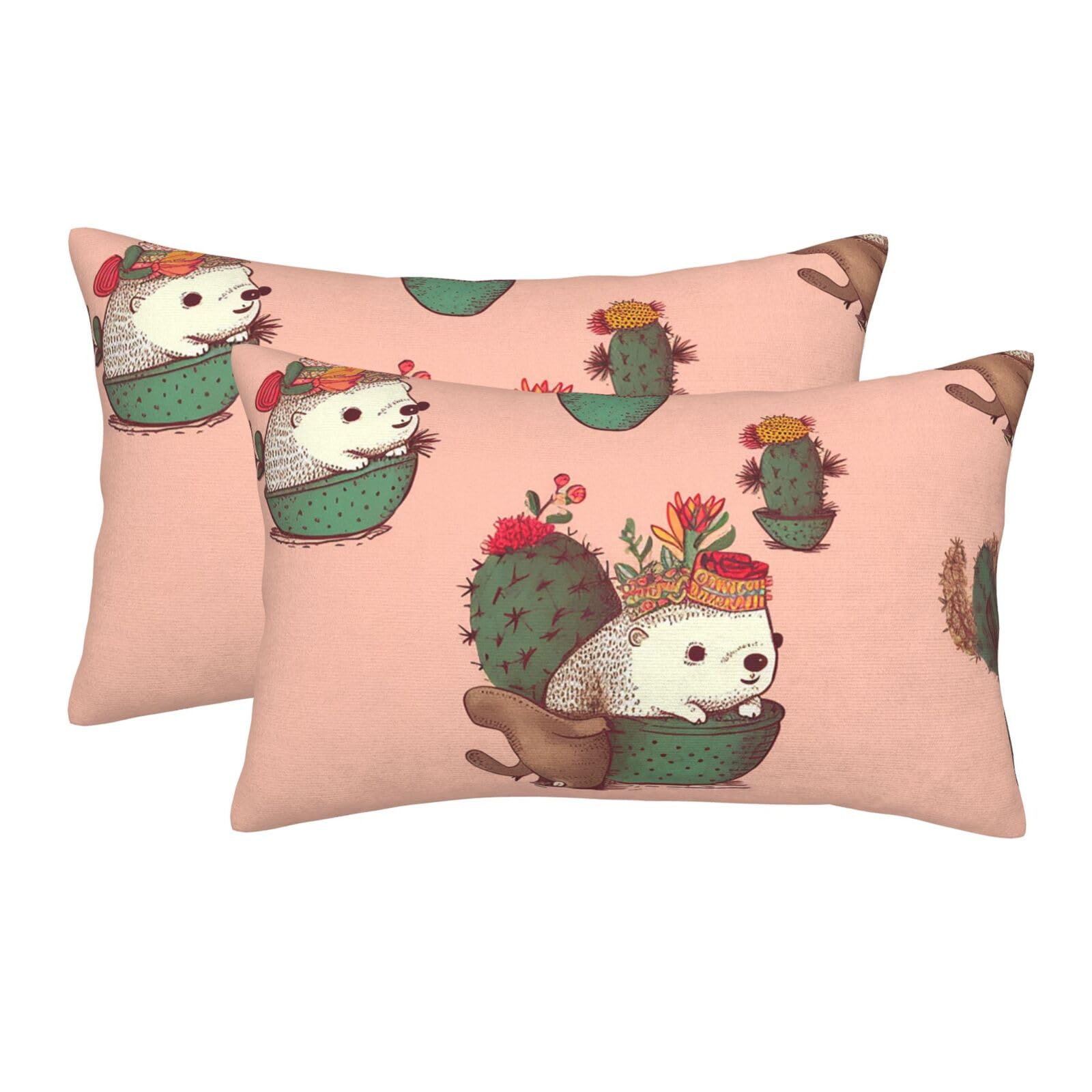 2 Pack Standard Size Pillow Cases for Hair and Skin Soft Breathable Pillow Case Covers with Hidden Zipper Hedgehog and Cactus Pillowcase 20"x30" Pillow Cover for Sleeping Gift