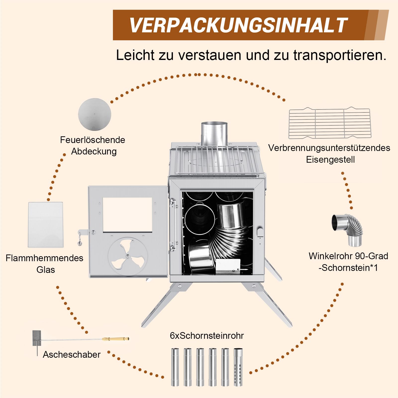 Ytaoeo Camping Zeltofen mit Schornstein, Holzofen für Zelt (Zeltofen) | Edelstahl Tragbarer Faltbarer Heißzeltofen mit 7 Kaminrohren für Outdoor, Camping, Kochen, Grillen, Wandern, Angeln, Jagd