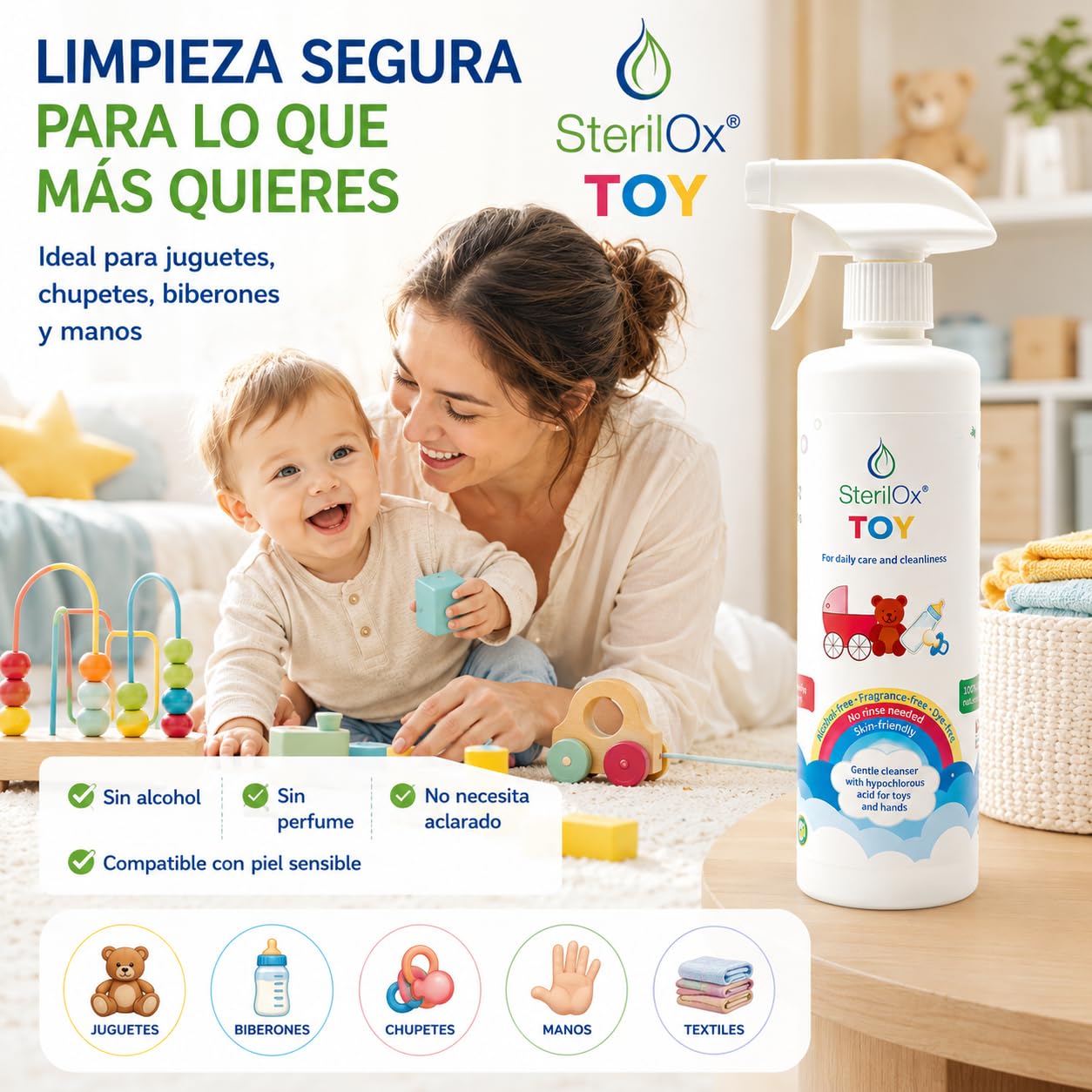 Toy 500 ml — spray detergente naturale con acido ipocloroso (HOCl) per giocattoli, accessori e pelle dei bambini. Senza alcol né profumo, per uso quotidiano, senza risciacquo.
