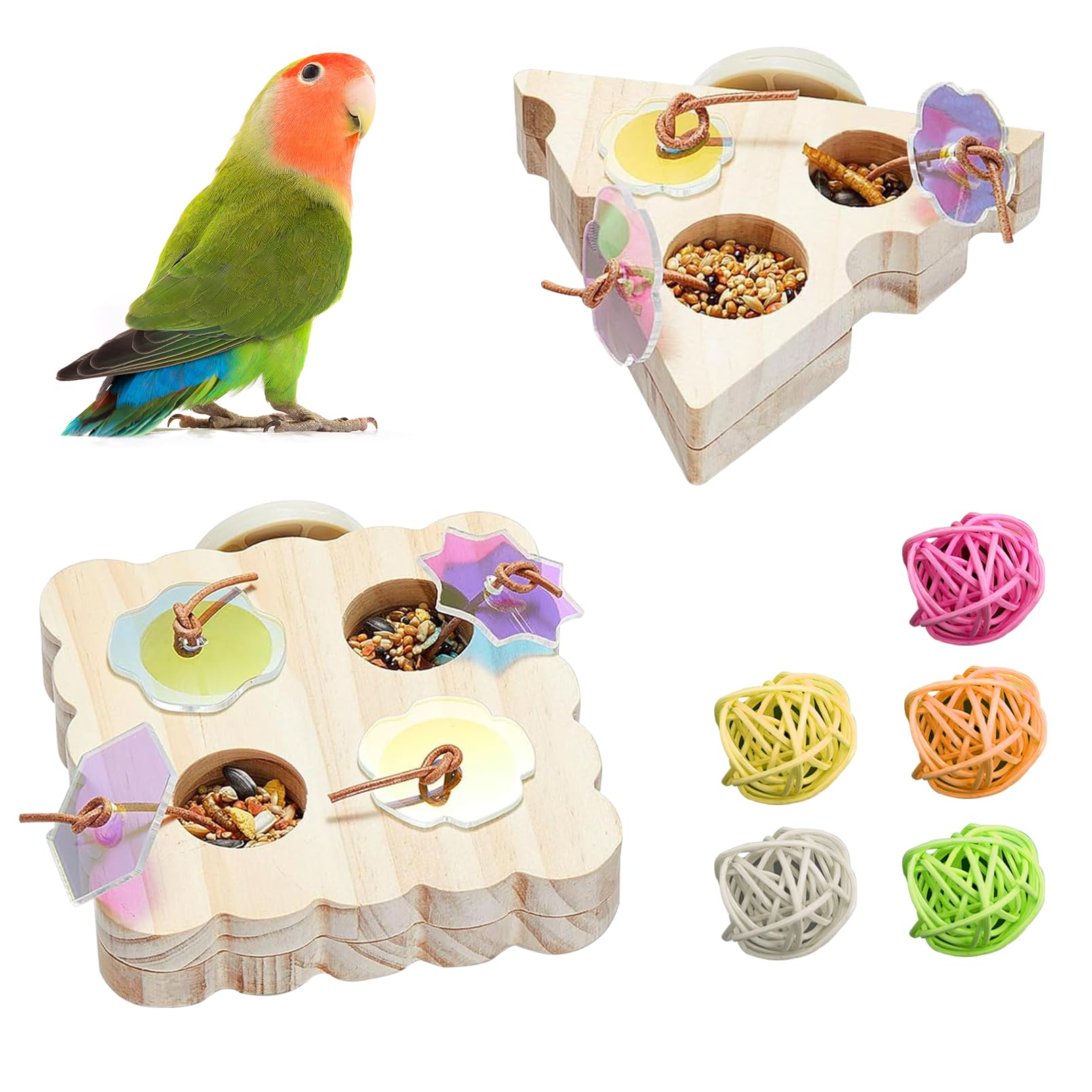 PINVNBY 2 PCS Small Bird Foraging Toys Wooden Parakeet Interactive Puzzle Toys Enrichment Chewing Training Toys for Cage Birds Cockatiel Lovebird