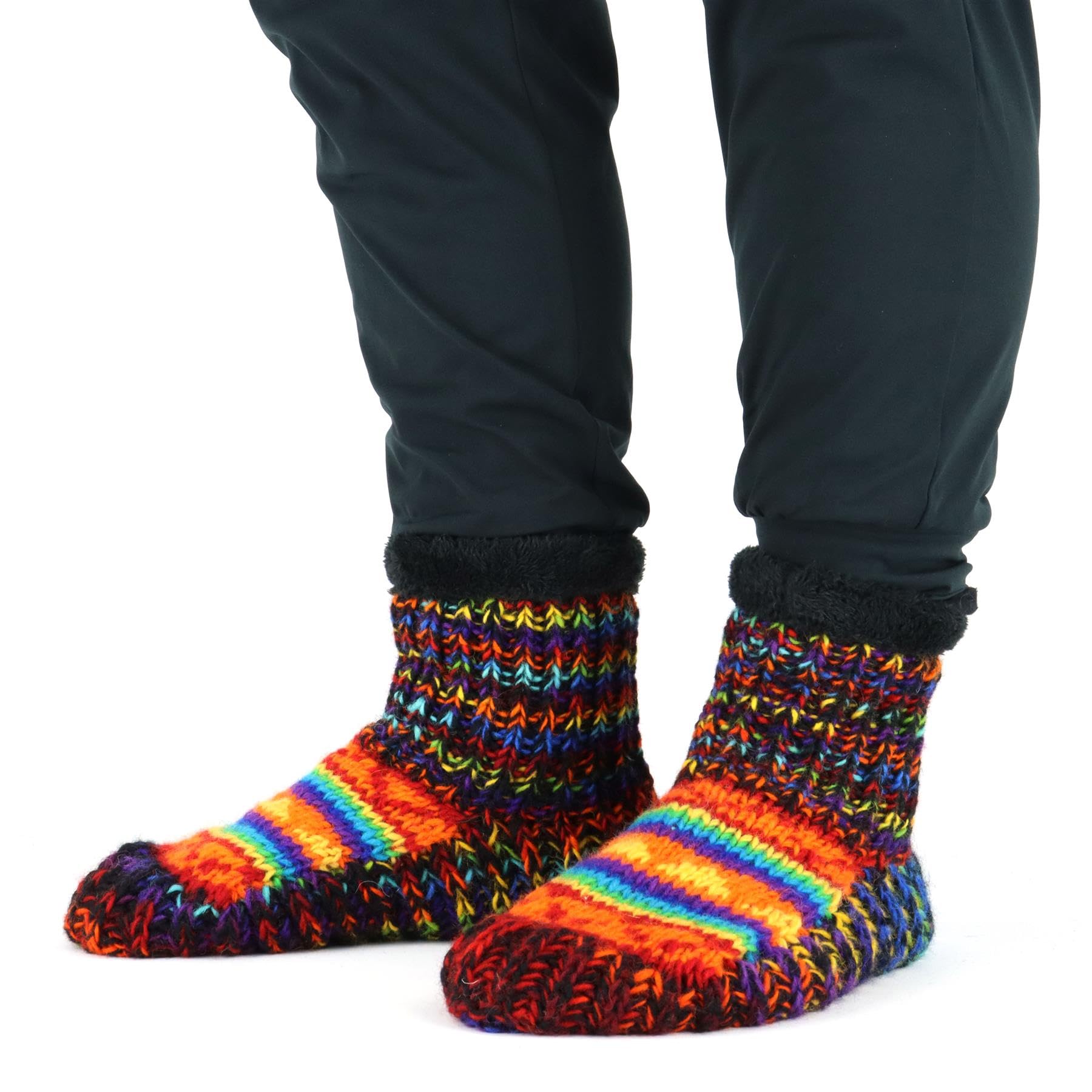 LOUDelephant Hand Knitted Wool Slipper Socks - SD Black Rainbow Orange (Medium)