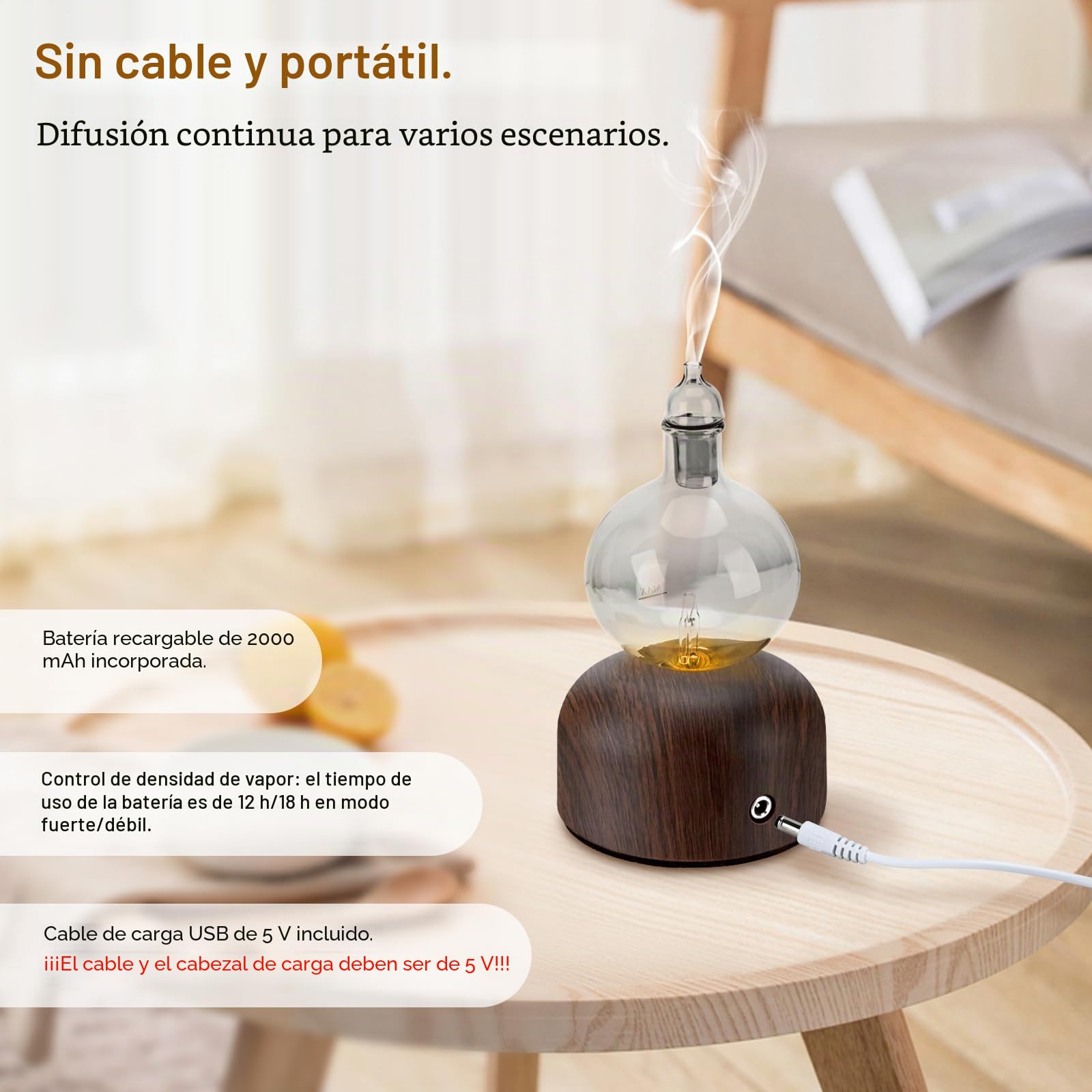 Lychee Difusor de Aceites Esenciales Inalámbrico Sin Agua, Funciona con Baterías, Difusor de Aromaterapia, Difusor de Aromaterapia, Enfriador Nebulosa con 2 Modos, Inicio Ciclo, Para Habitaciones de