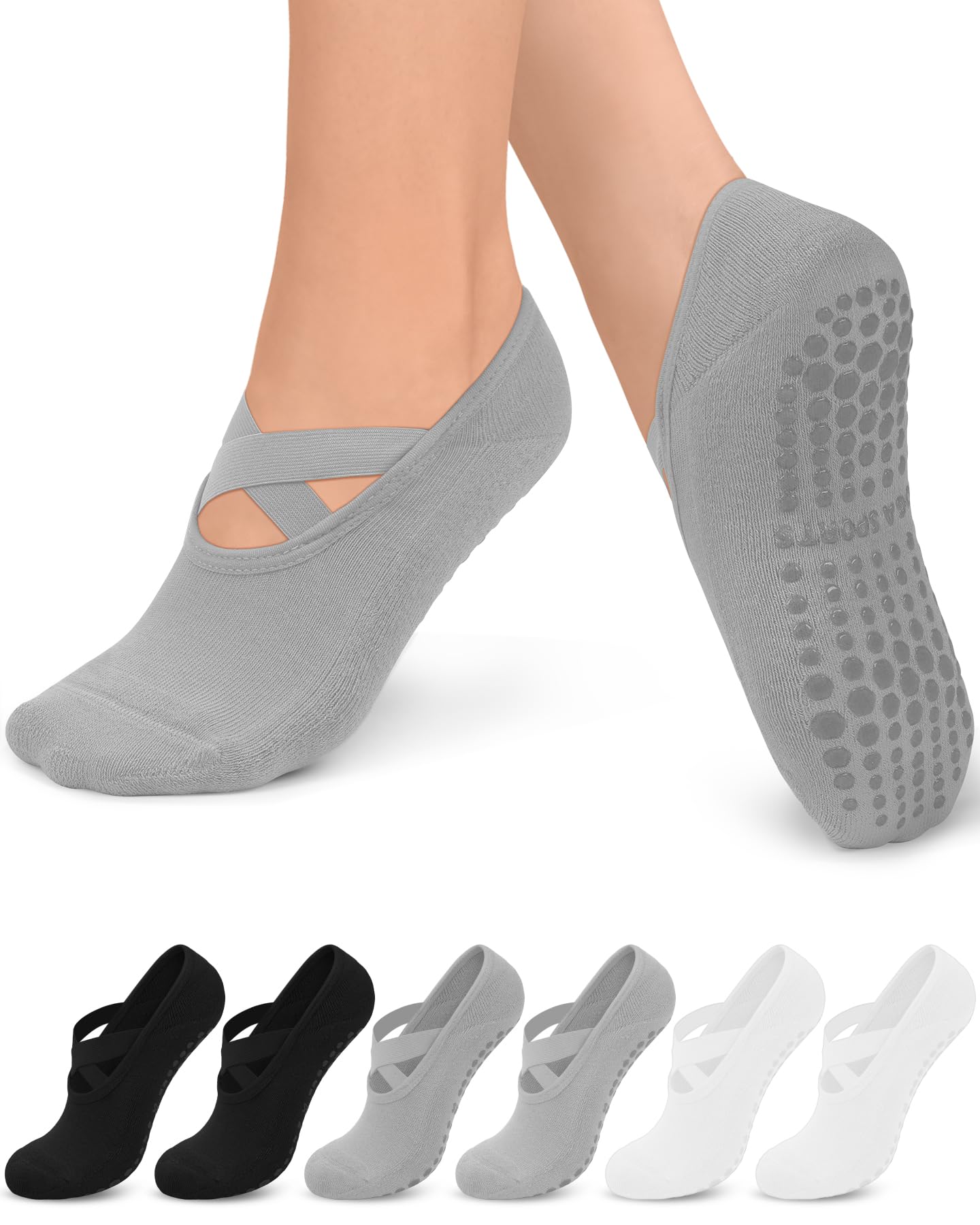 6 Pairs Grip Pilates Socks for Women, Non-slip Yoga Athletic Socks for Barre Ballet Barefoot Workout Hospital