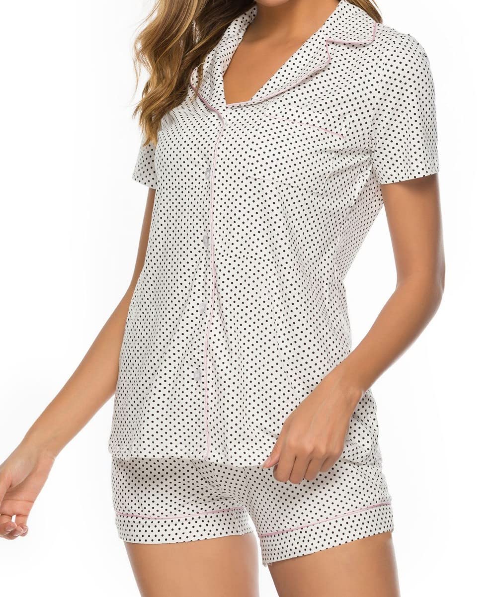 Donna Pigiama Estivo Due Pezzi,Pigiama A Maniche Corte da Donna con Risvolti A Pois Bianchi Set da 2 Pezzi Pigiama da Donna Morbido E Confortevole Loungewear Regalo per La Festa della Mamma per Mogl