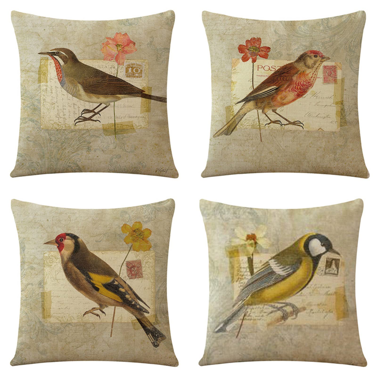 4 Pack Funda de Almohada Decoración Cuadrado Funda de Cojines Funda de Almohada de Navideñas Fundas para Cojines Cuadrado Lino Funda cojin para Sofá Cama Decoración para Hogar 65X65cm Aves ,Color4