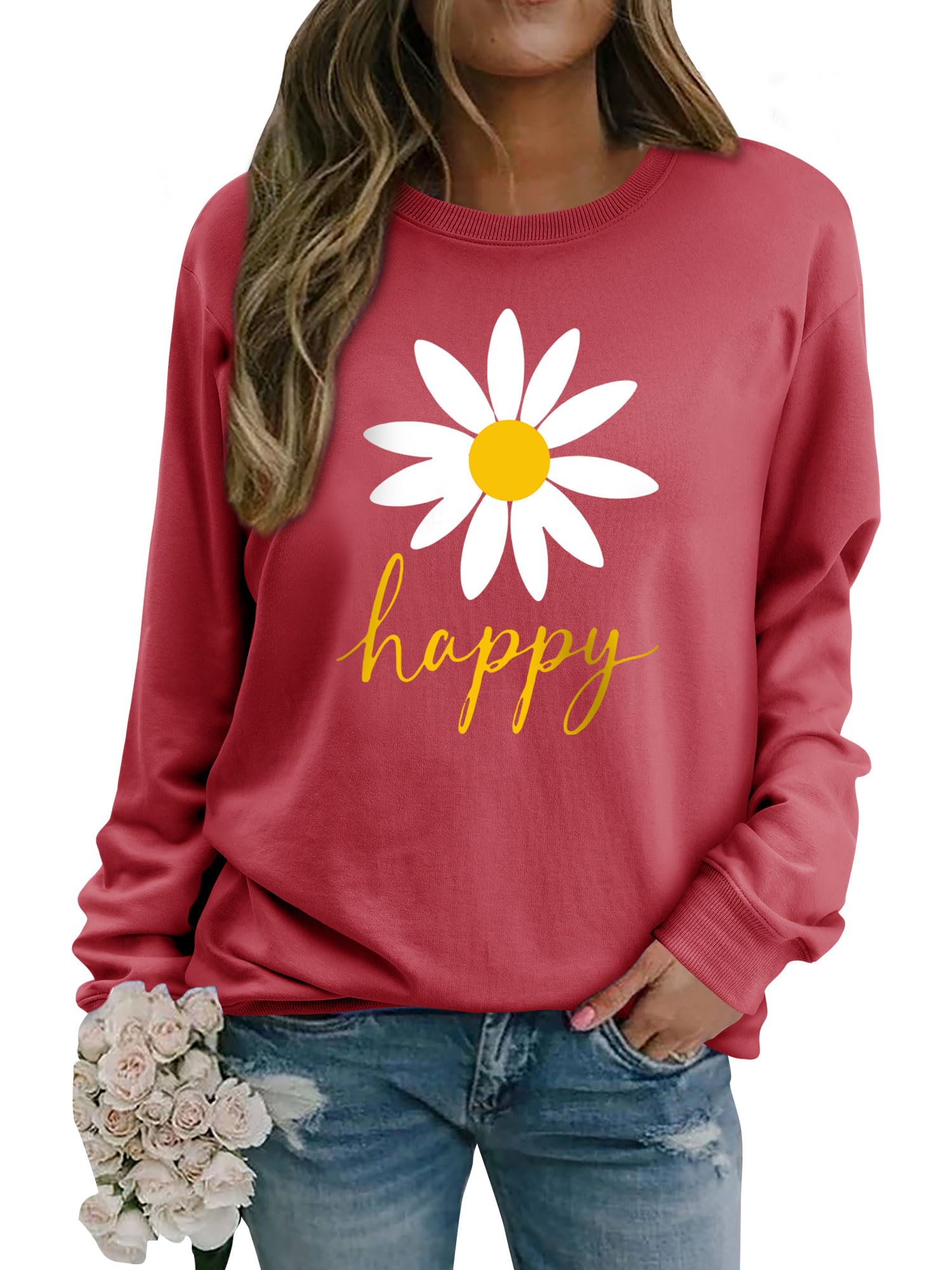 Yihelian Damen Sweatshirt mit Gänseblümchen Muster Weicher Rundhals Pullover aus Baumwolle Lässiges Blumen Shirt Bequemes Frauen Oberteil