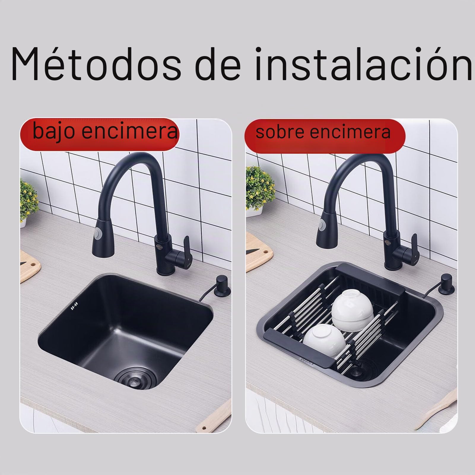 Fregadero de Cocina Negro Rectangular 1 Seno, Lavadero Inox, Pila Pequeña Con Drenaje, Instalación Sobre o Bajo Encimera (34x31x19cm)