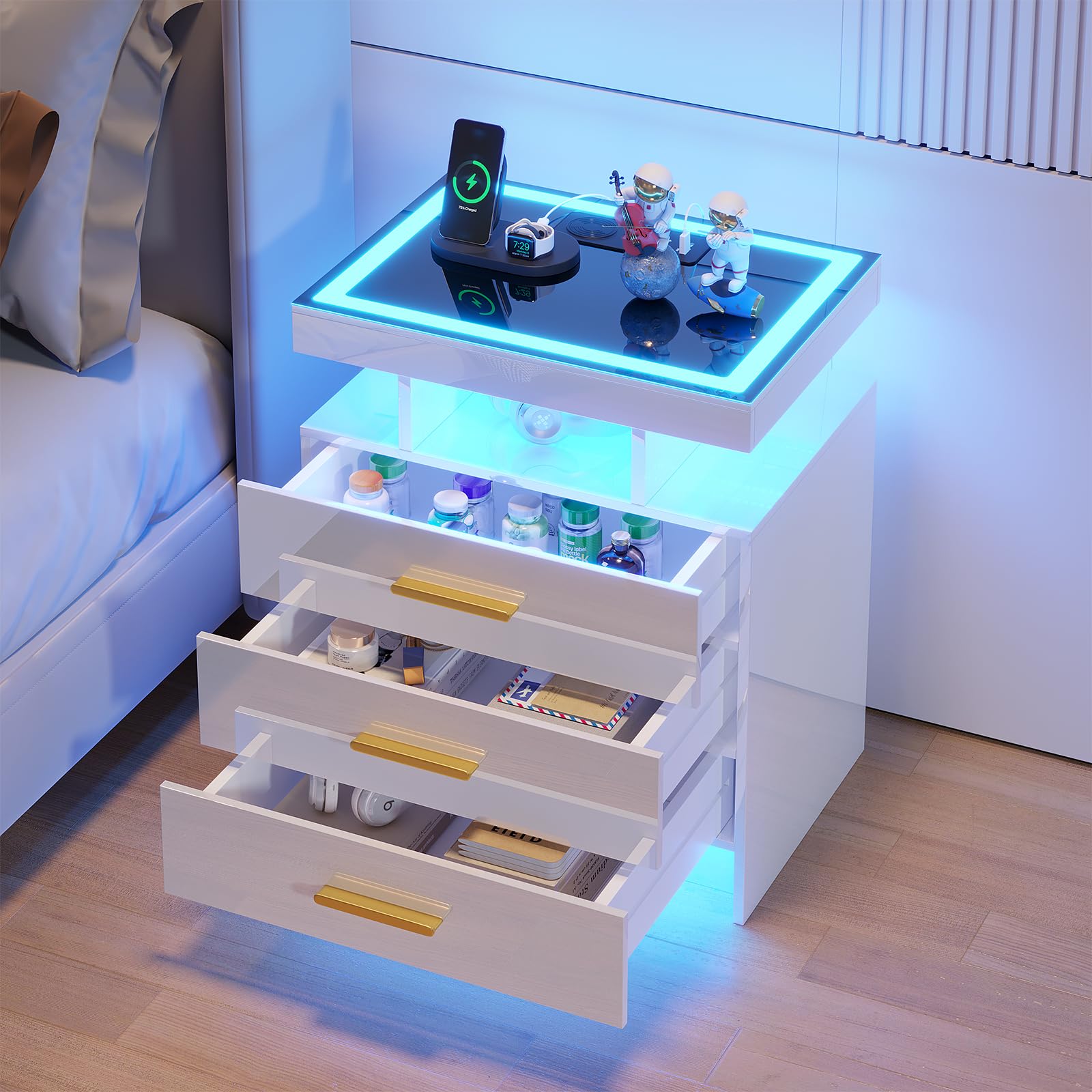 HNEBC White Nightstand with 3 Drawers & Wireless Charging