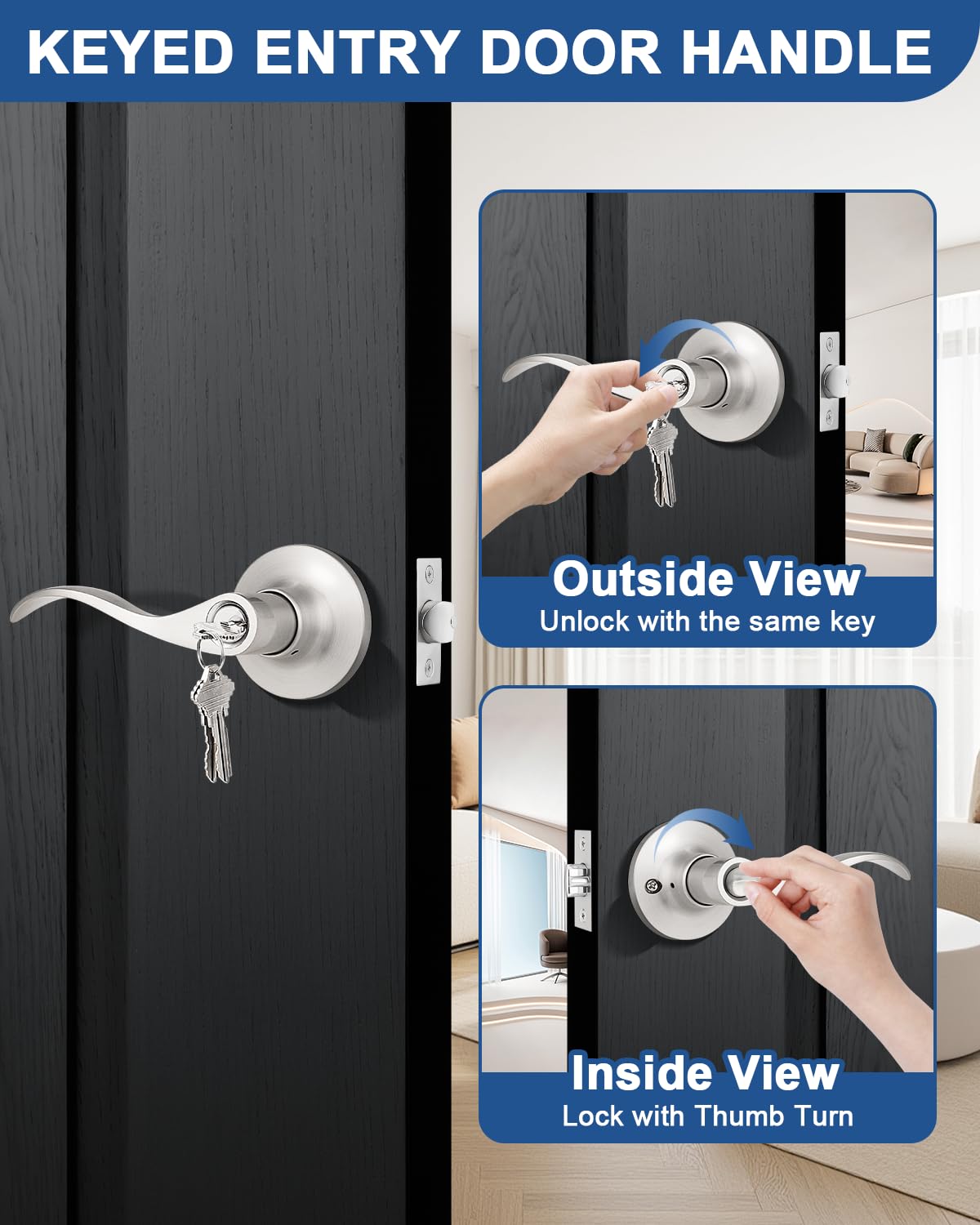 GOBEKOR 1 Pack Brushed Nickel Door Lock with Keys,Wave Style Keyed Alike Entry Door Handles with Lock,Suitable for Indoor/Outdoor and Exterior/Interior - 3