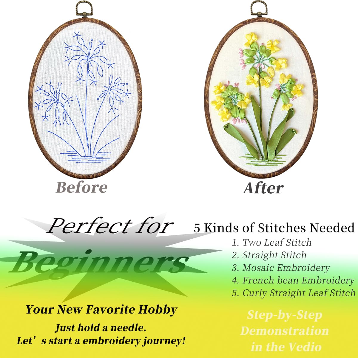 FONNUY Ribbon Embroidery Kit – 3D Yellow Begonia Flower Pattern With Hoop & Instructions