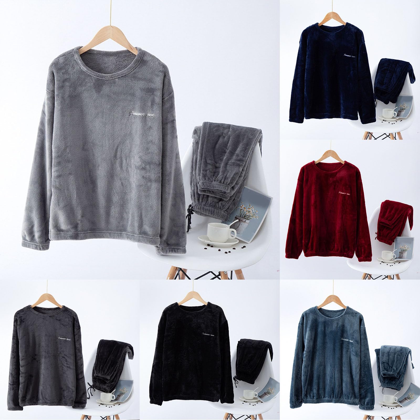 Pijama largo de forro polar para mujer, juego de pijama de invierno cálido de felpa, ropa de dormir de franela de dos piezas, cuello redondo, manga larga, sudadera y pantalones de dormir