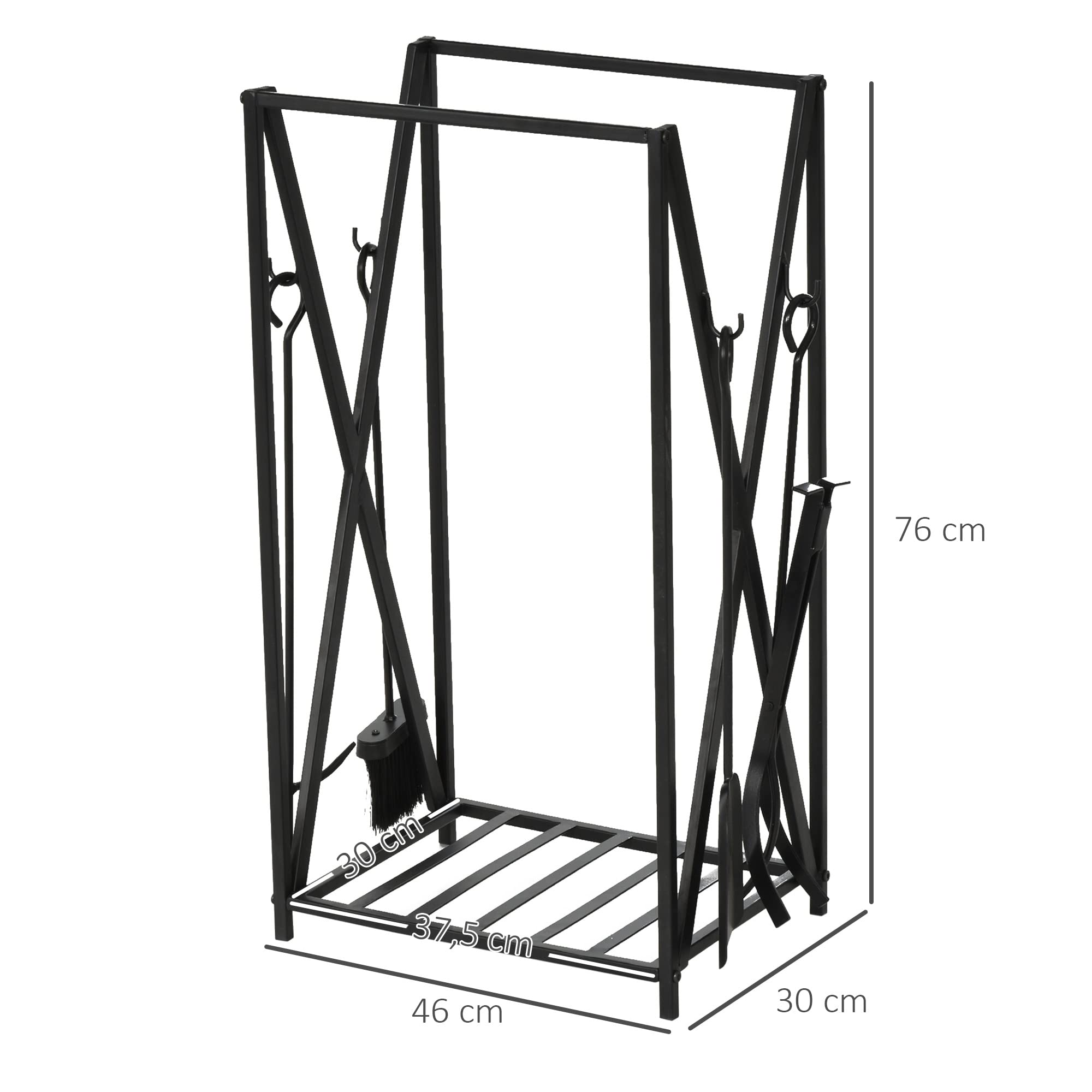 HOMCOM Estante de Leña para Chimenea Soporte para Leña con 4 Herramientas Incluidas Marco de Acero Estable Carga 100 kg para Exterior e Interior 46x30x76 cm Negro