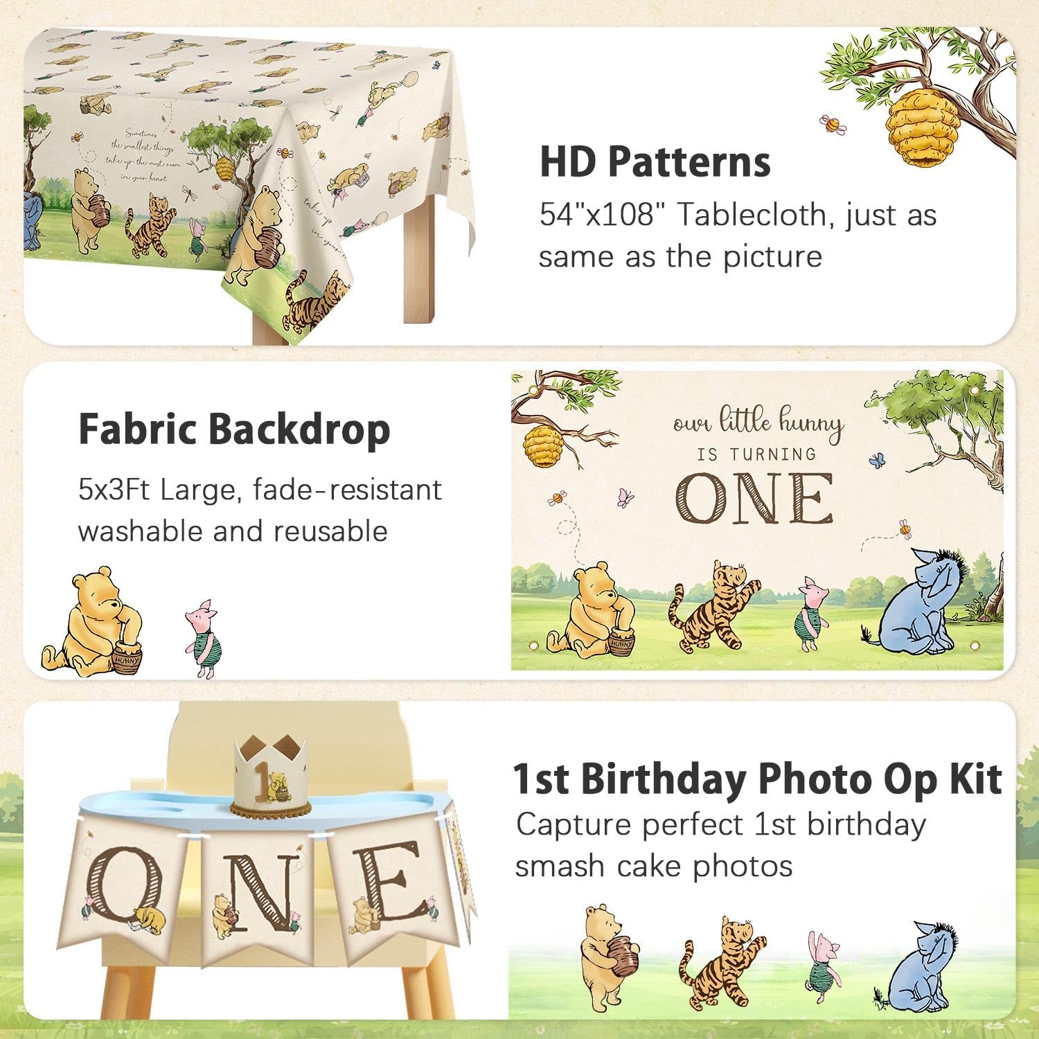 154pcs Winnie Pooh First Birthday Decorations Party Set, Classic Pooh Bear 1st Birthday Month Banner, High Chair Banner, ONE Box, Balloon Arch, Crown, Tablecloth, Backdrop, Cake Toppers and Stickers - Image 5