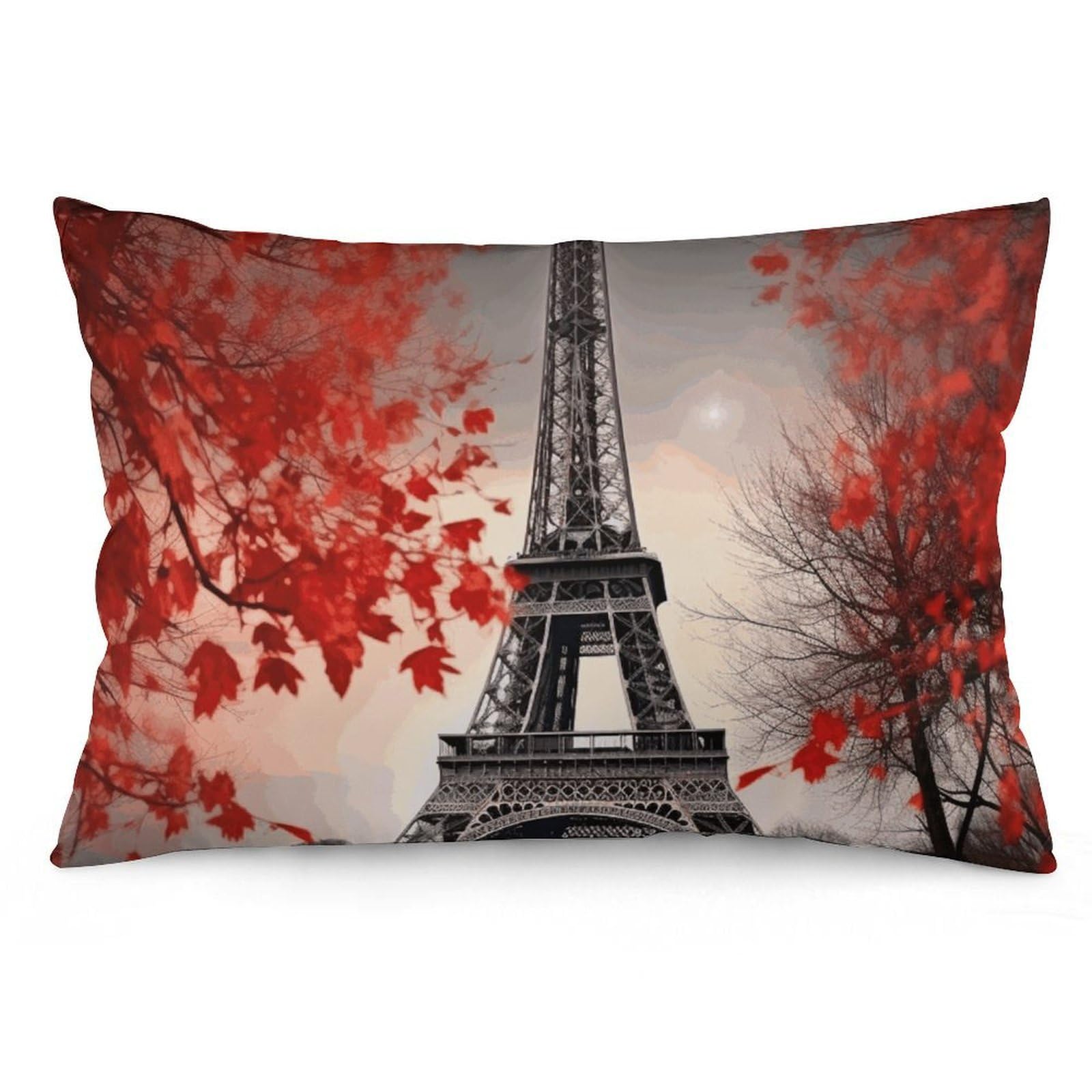 Velvet Pillowcases Standard Size 12 "x20, Ultra Soft Breathable Pillow Cases for Bed, Luxury Cozy Fuzzy Pillow Shams, Lumbar Pillow Cover, Eiffel Tower Autumn Leaves Cushion Case Home Decor