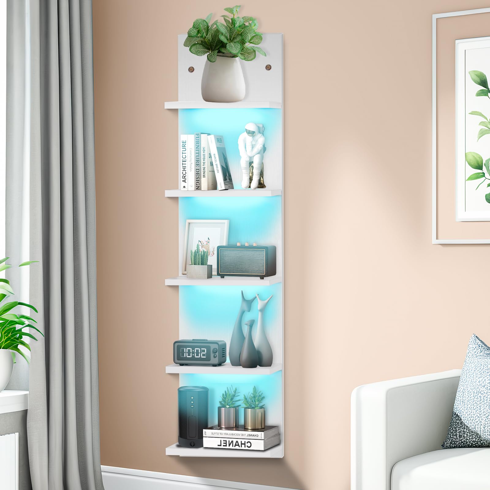 White 5 Tier Display Shelf Case with Lights LED Wall Mount Vertical Lack Shelf Wall Decor RGB Lighting for Bedroom Living Room Gaming Floating Shelves