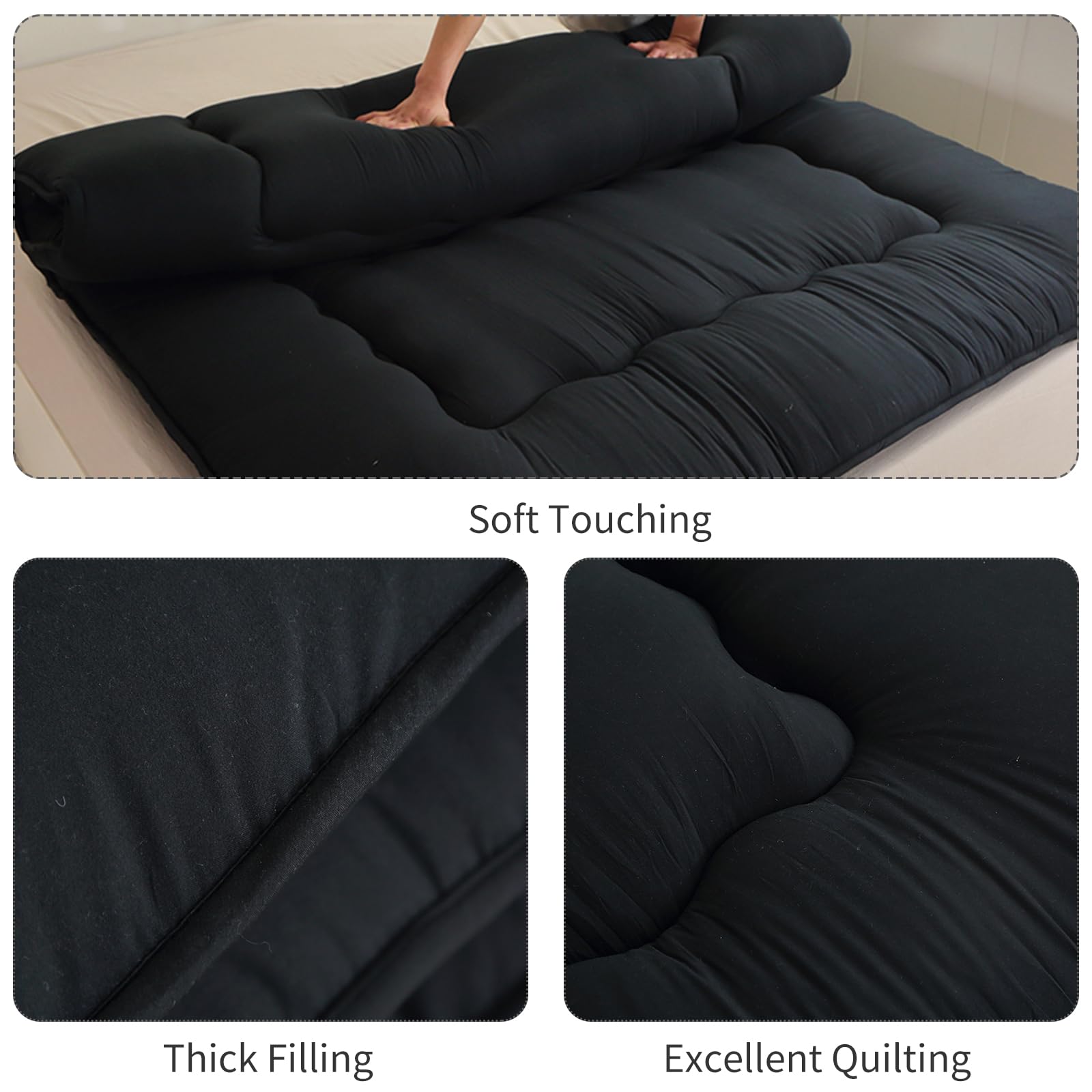 Colchón futón, colchón japonés, cama de suelo japonesa, cama de tatami plegable, colchón enrollable para habitación de invitados, dormitorio (azul marino, colchón queen (152 x 203 cm)