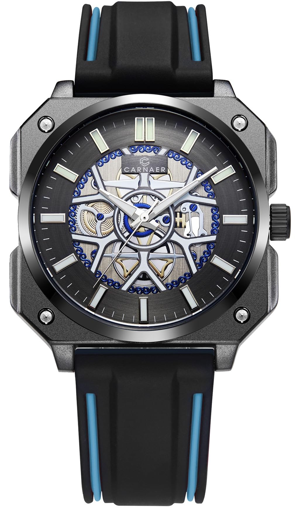 CARNAER Skeleton Dial Analog Sports Watch for Men Octagon Case Black and Blue Silicon Band Watch, Luminous Hands and Pointers Black Case and Dial - Silicone (B0CCDG2VCL) Amazon Price History, Amazon Price Tracker