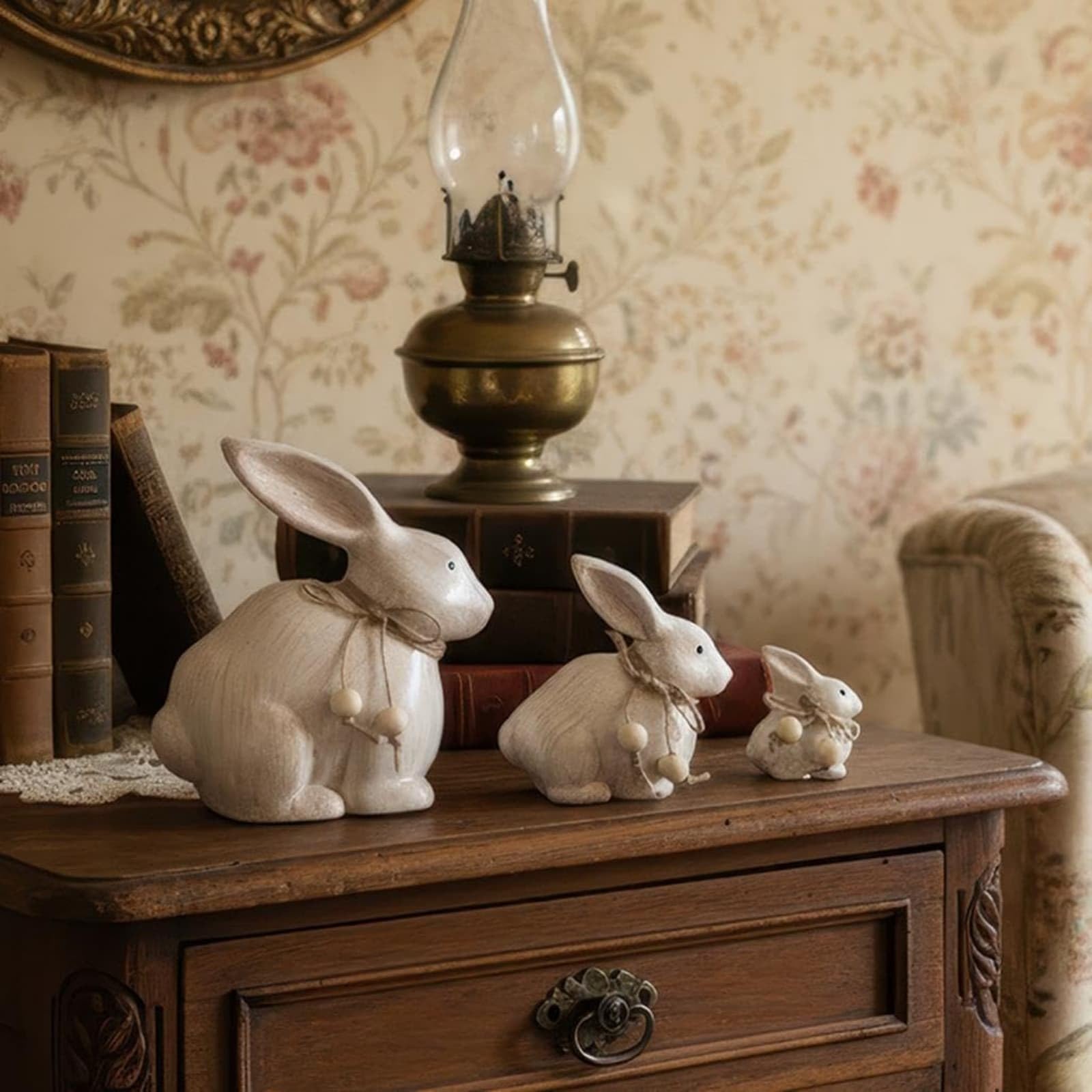 Figura de madera de conejo de Pascua blanco al aire libre, jardín, patio, interior, sala de estar, mesa de mesa, estante de Pascua, vacaciones, hogar de temporada (B, 19.00)