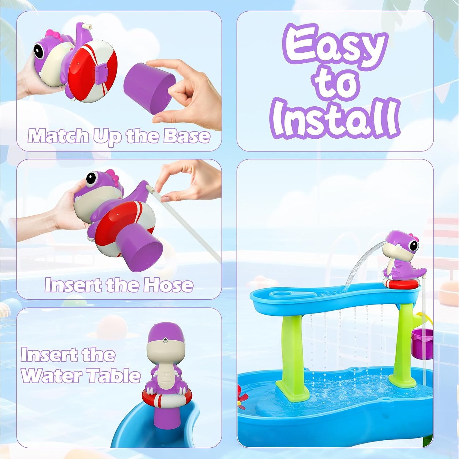 Dinosaur Water Table Pump - Rechargeable Water Pump for Water Table Accessories - Battery Powered Water Pump Continuous Flow 3 Hours Non-Stop Fun (Purple)
