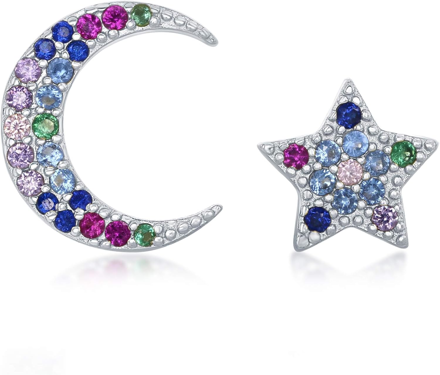 Sterling Silver or Gold Plated Crescent Moon & Star Rainbow CZ Stud Earrings