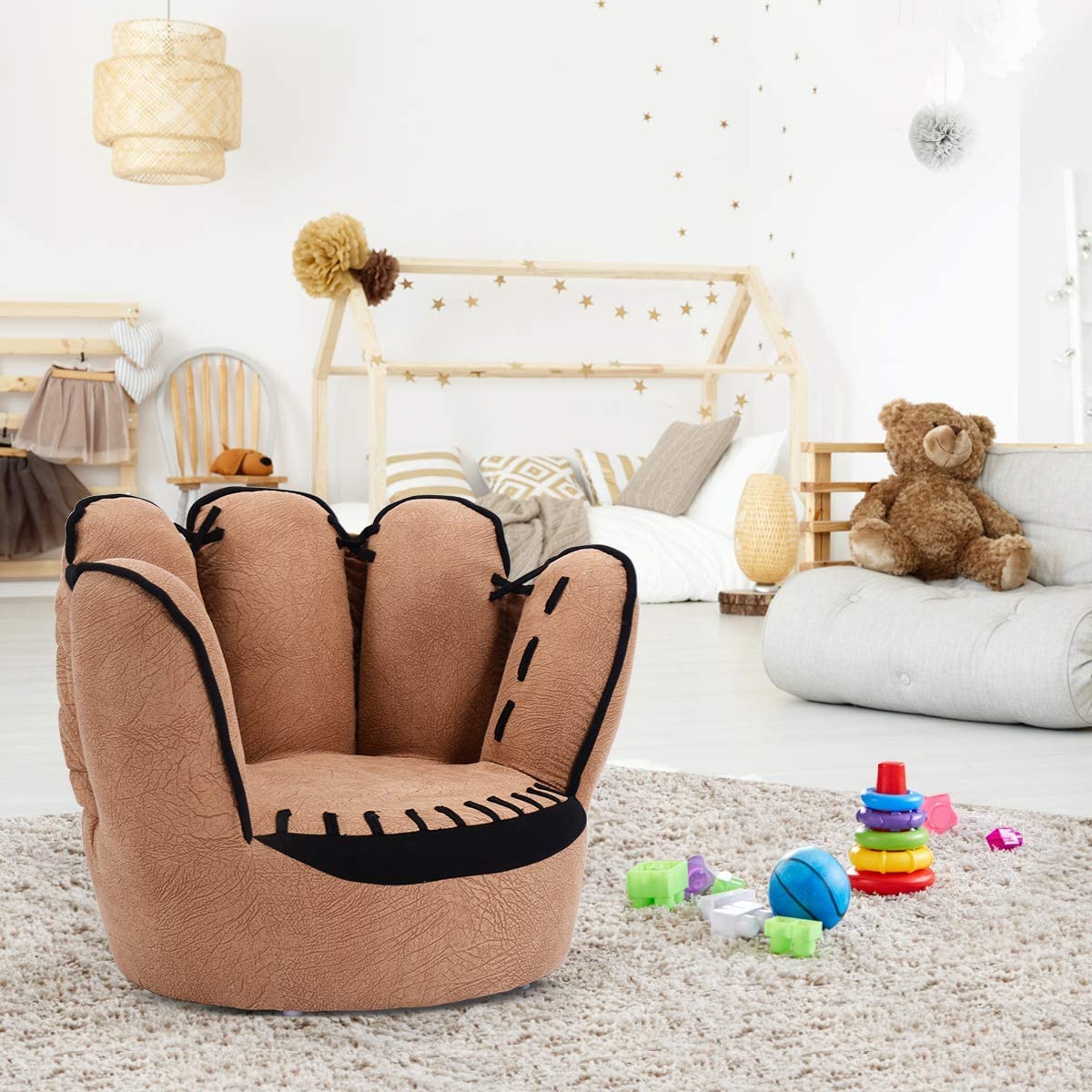 ARLIME Kids Sofa, Upholstered Toddler Couch Chair with Wood Construction, Baseball Glove Shaped Toddler Armchair for Boys Girls, Brown