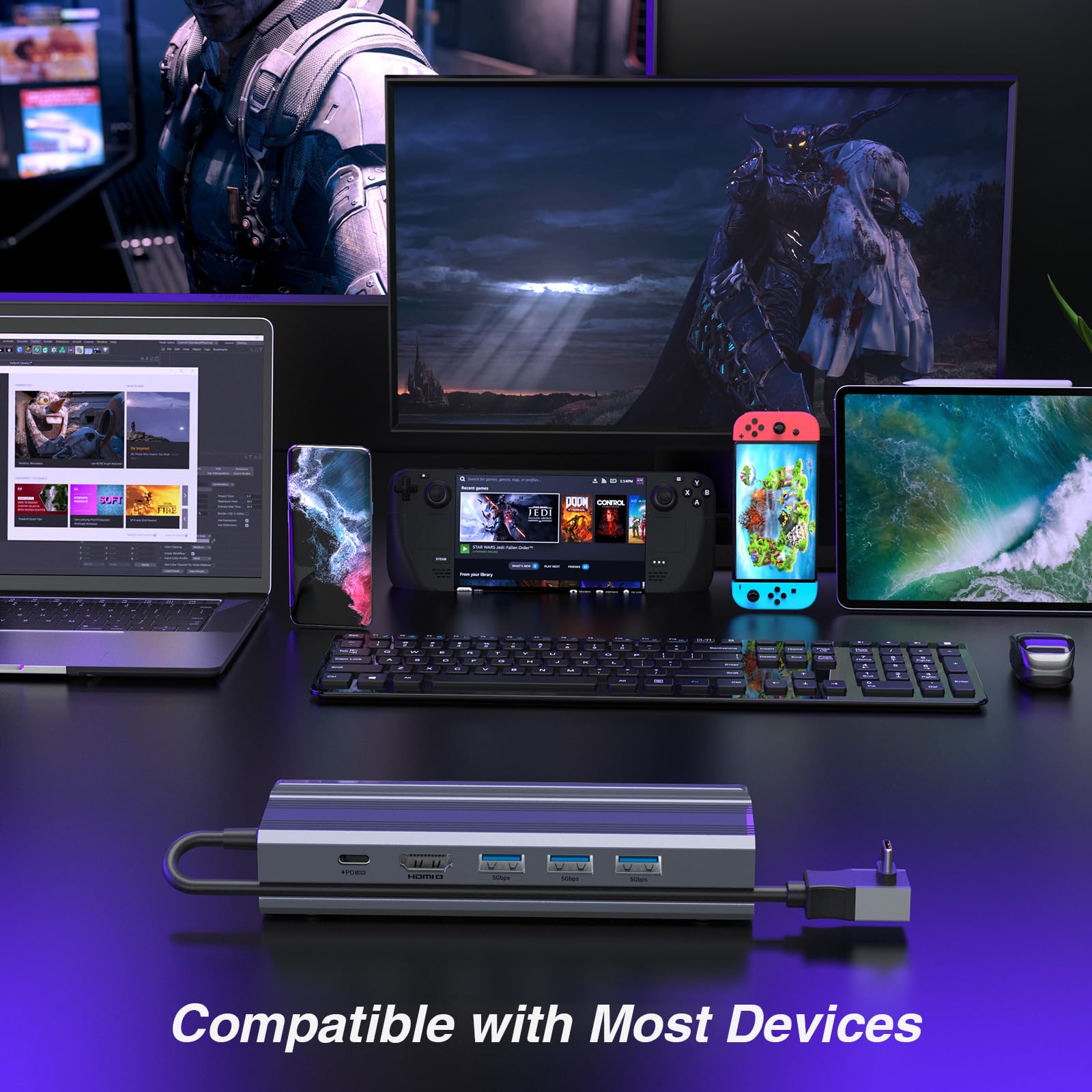 Qhou Steam Deck Docking Station 6 in 1 Docking Station, HDMI 2.0, 4K @60Hz, Gigabit Ethernet, 3 USB A 3.0, Compatible con Valve Steam Deck, Switch