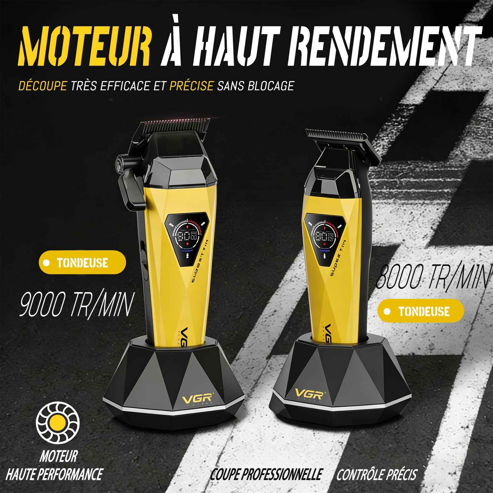 VGR 877S2 Tondeuse Cheveux Hommes Professionnel Set, Zero Gap Tondeuse Barbe et Cheveux Homme Sans Fil avec Moteur 8000/9000 tr/min, Kit Coiffure Homme avec Station de Charge et Écran LED, Or